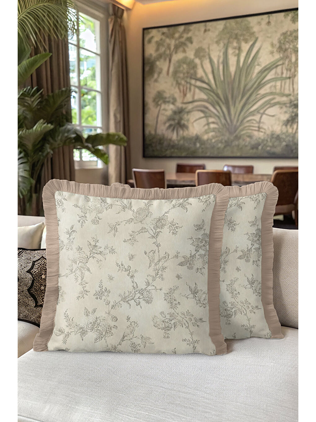 Karışık Elegan Fransız Çiçekli Saçaklı Yastık Kılıfı - Vintage Country Bej Doğal Püsküllü Kırlent Kılıfı-5