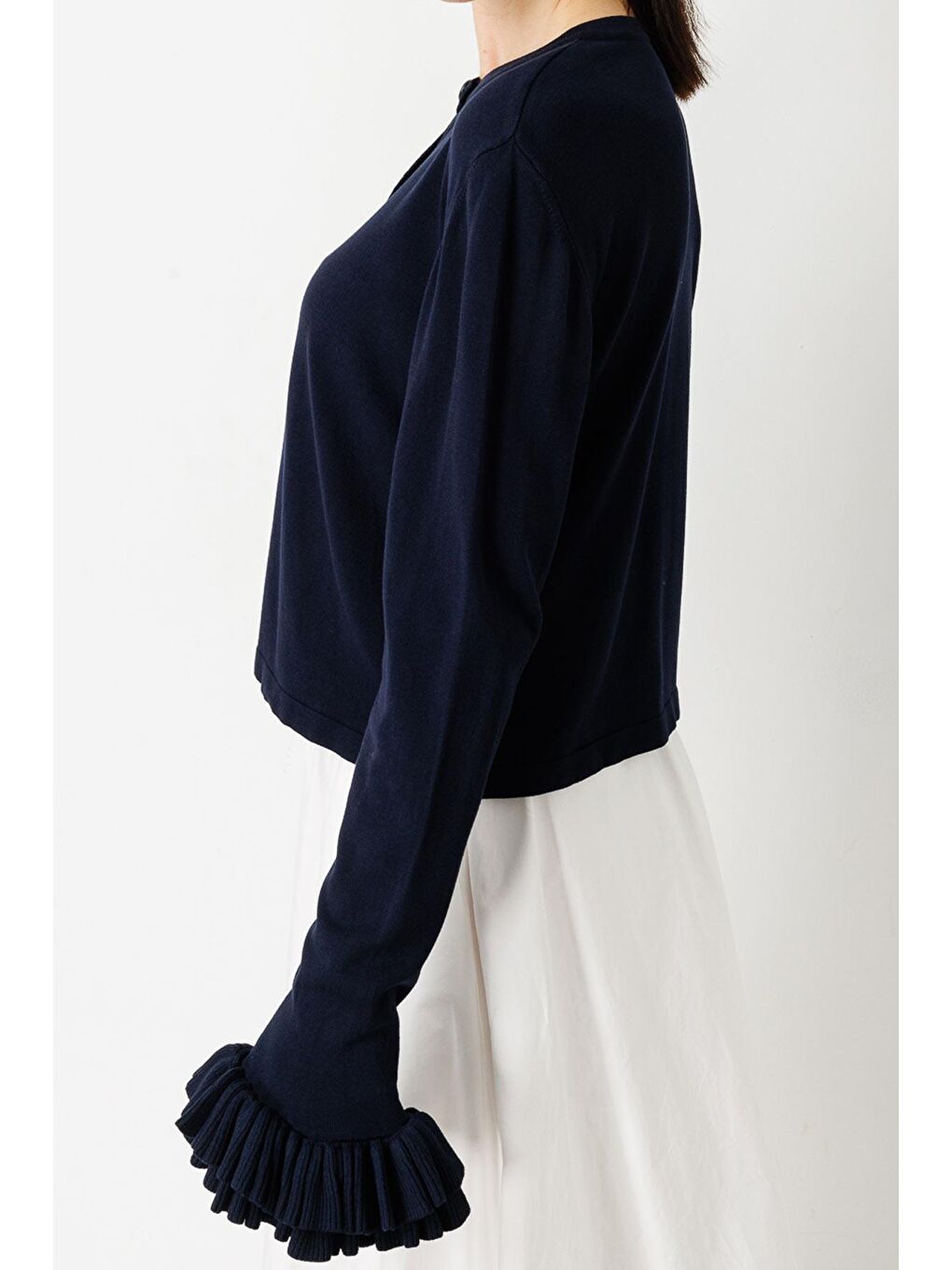 Volanlı Midi Boy Hırka - Lacivert-3