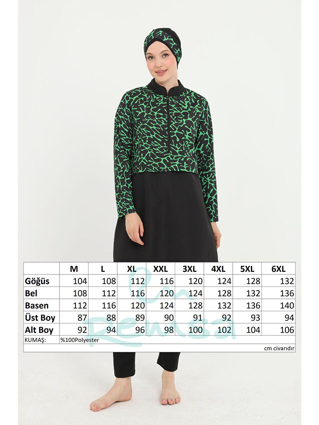Yeşil Büyük Beden Desenli Tam Kapalı Tesettür Mayo 17 Siyah02-3