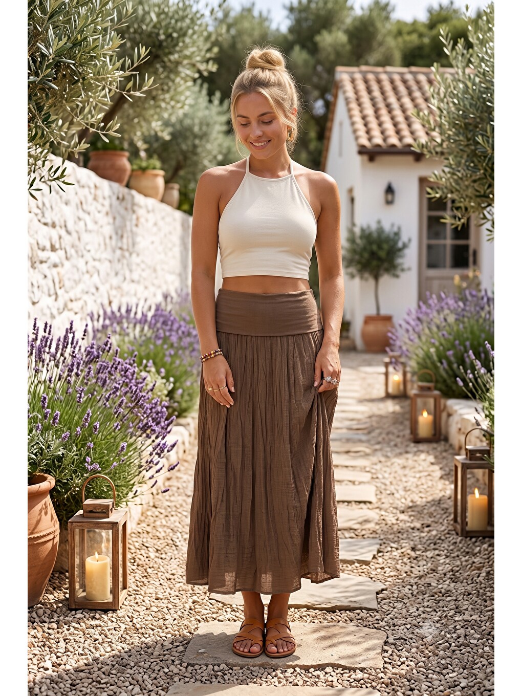 Kahverengi Camel Astarlı Katlanabilir Kumaş Bel Casual Pamuklu Uzun Dokuma Etek 95 65-4