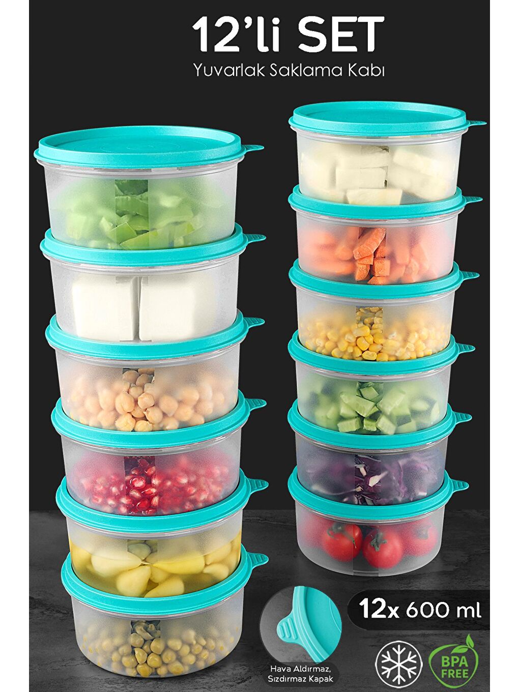 12'li Yuvarlak Gıda Saklama Kabı Seti 12x600 ml Yeşil