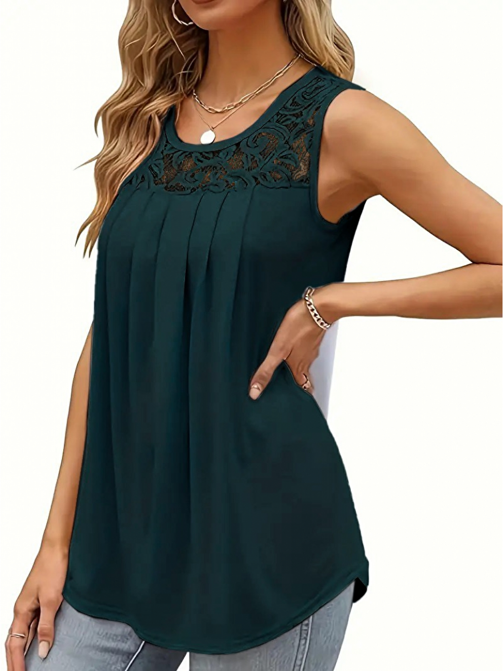 Yeşil Kadın Kolsuz Bisiklet Yaka Dantelli Viskon Bluz-1