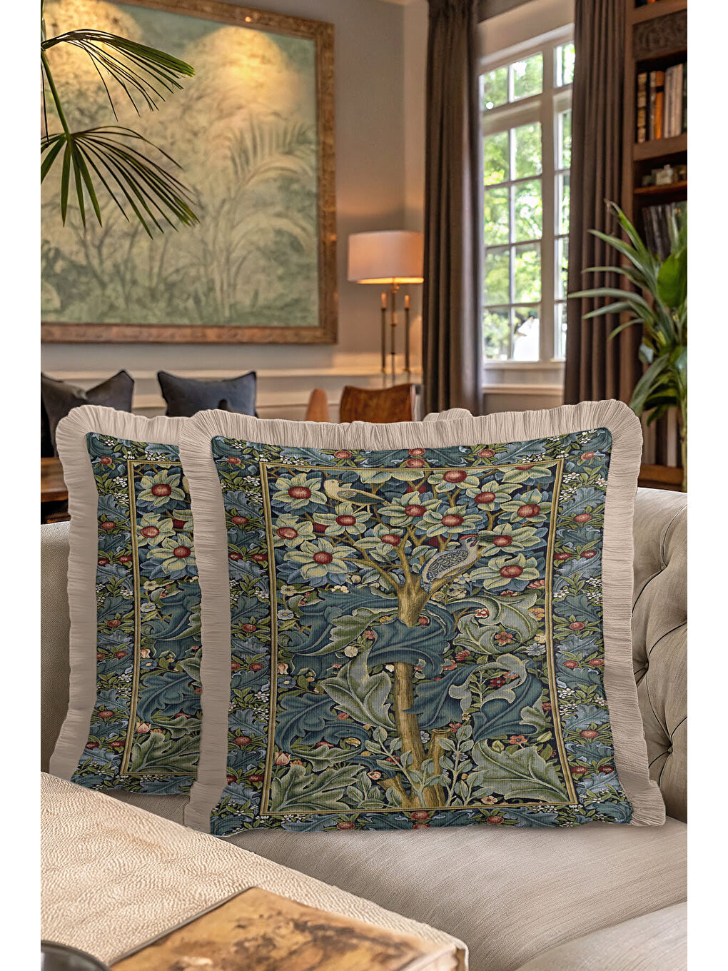 Karışık Lüks Çiçekli Saçaklı Yastık Kılıfı - Sanatsal Doğa Temalı Klasik Yeşil Gold Püsküllü Kırlent Kılıfı-7