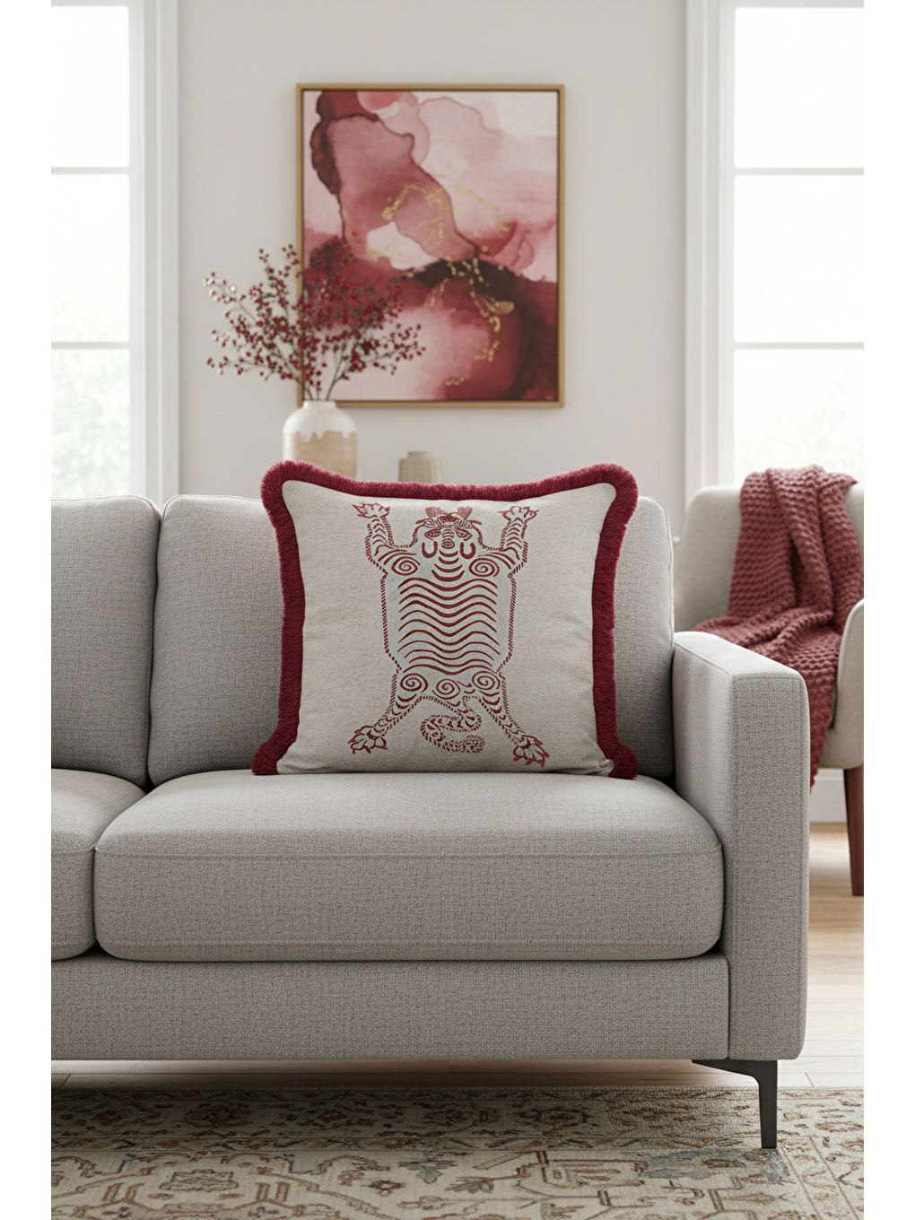 Karışık Etnik Tribal Sanat Saçaklı Yastık Kılıfı - Bohem Aslan Figürlü Bordo Gri Püsküllü Kırlent Kılıfı-4