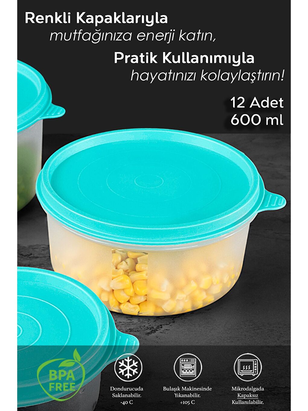 12'li Yuvarlak Gıda Saklama Kabı Seti 12x600 ml Yeşil-1