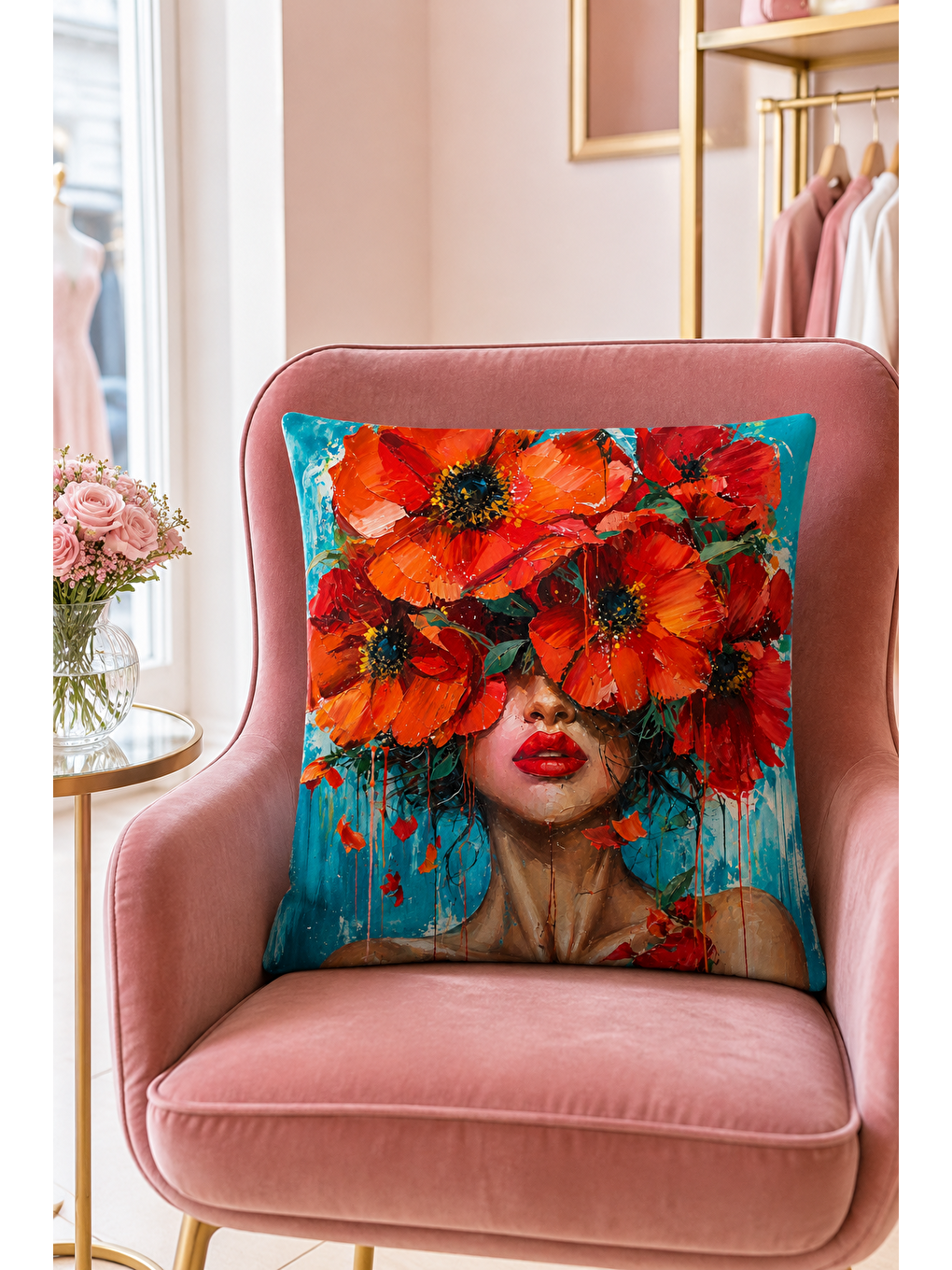 Kırmızı Çiçekli Kadın Portre Desenli Dekoratif Kırlent Kılıfı Bohem Dekor 43x43 Cm-2