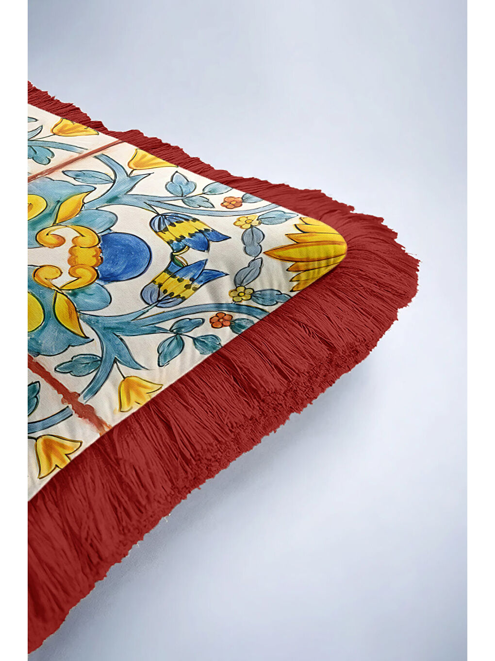 Karışık Saray Esintili Saçaklı Yastık Kılıfı - Akdeniz Country Lacivert Sarı Kırmızı Püsküllü Kırlent Kılıfı-6