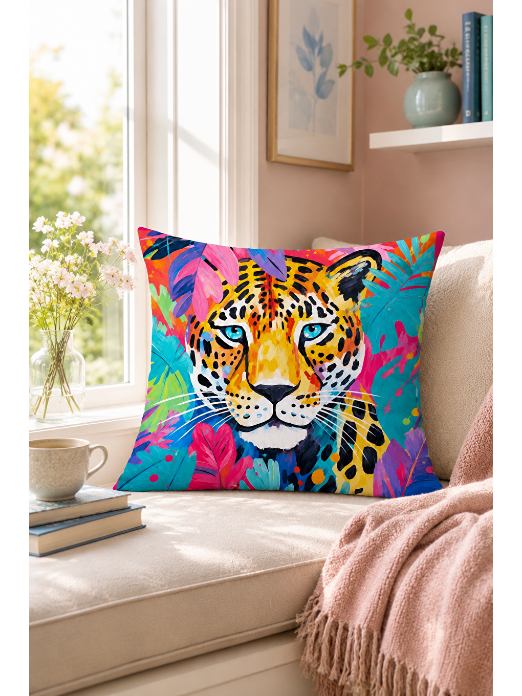 Karışık Tropikal Leopar Desenli Renkli Dekoratif Kırlent Kılıfı Modern Salon Dekor 43x43 Cm-5