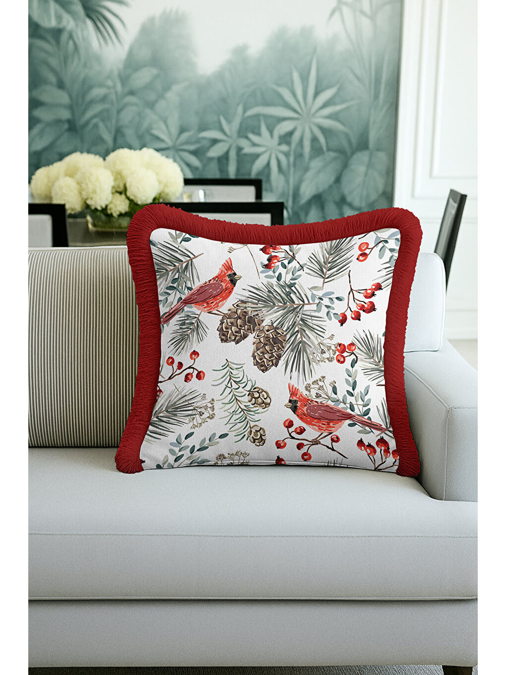 Karışık Kuş Motifli Saçaklı Yastık Kılıfı - Kış Bahçesi Rustik Kırmızı Püsküllü Kırlent Kılıfı