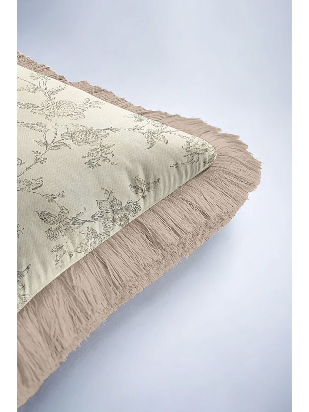 Karışık Elegan Fransız Çiçekli Saçaklı Yastık Kılıfı - Vintage Country Bej Doğal Püsküllü Kırlent Kılıfı-6