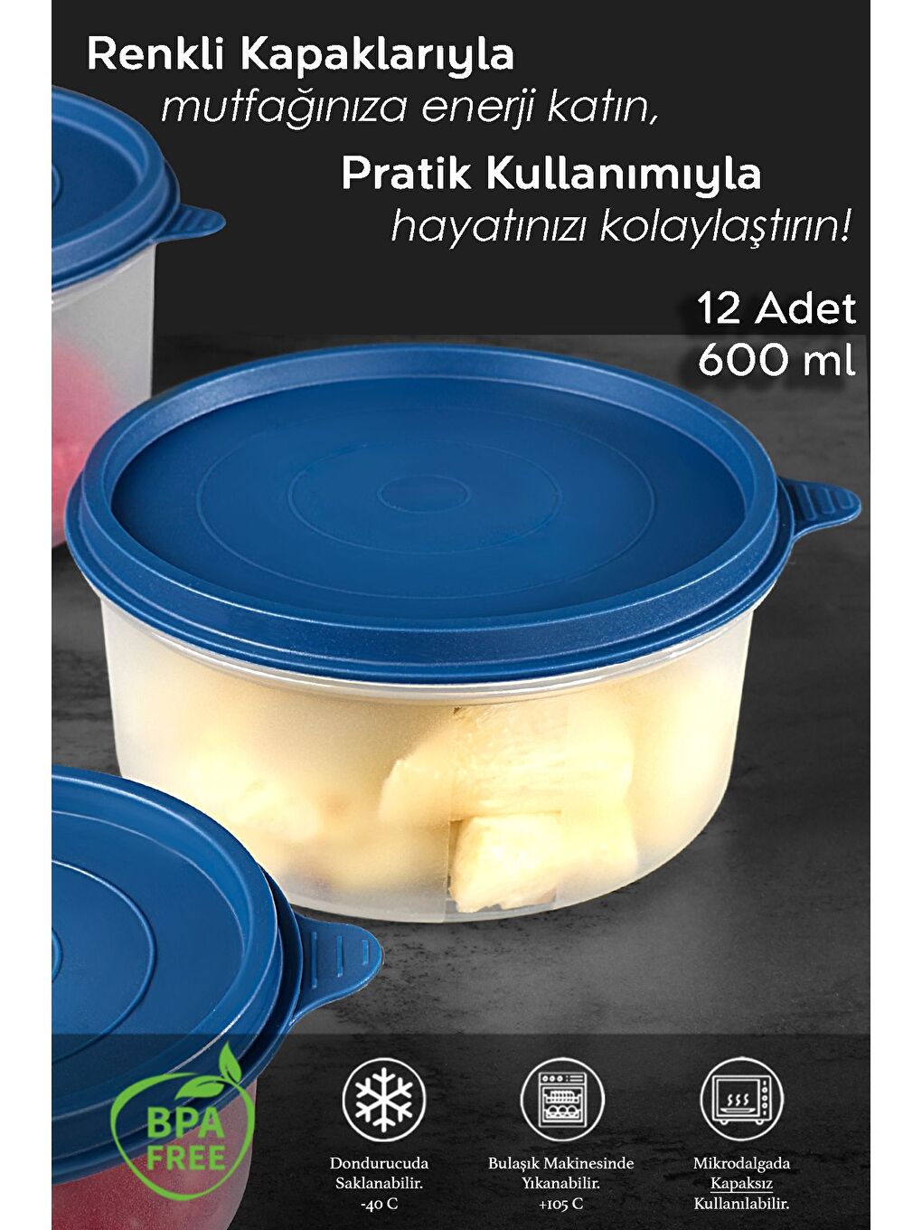 12'li Yuvarlak Gıda Saklama Kabı Seti 12x600 ml Lacivert-1