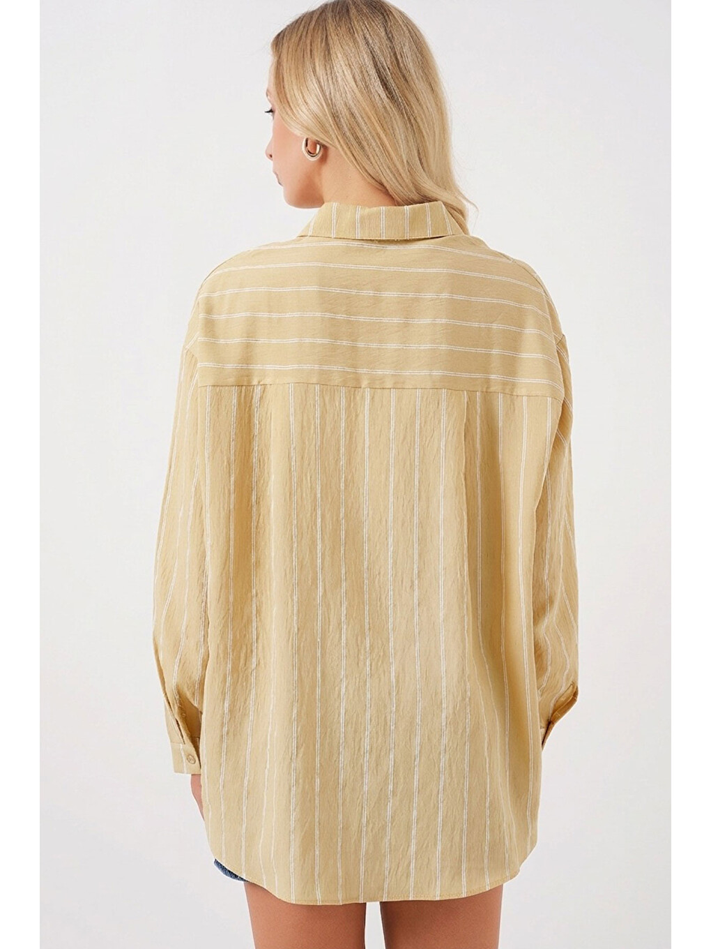 Bej Kadın Çizgili Oversize Gömlek 20293 - Vizon-2