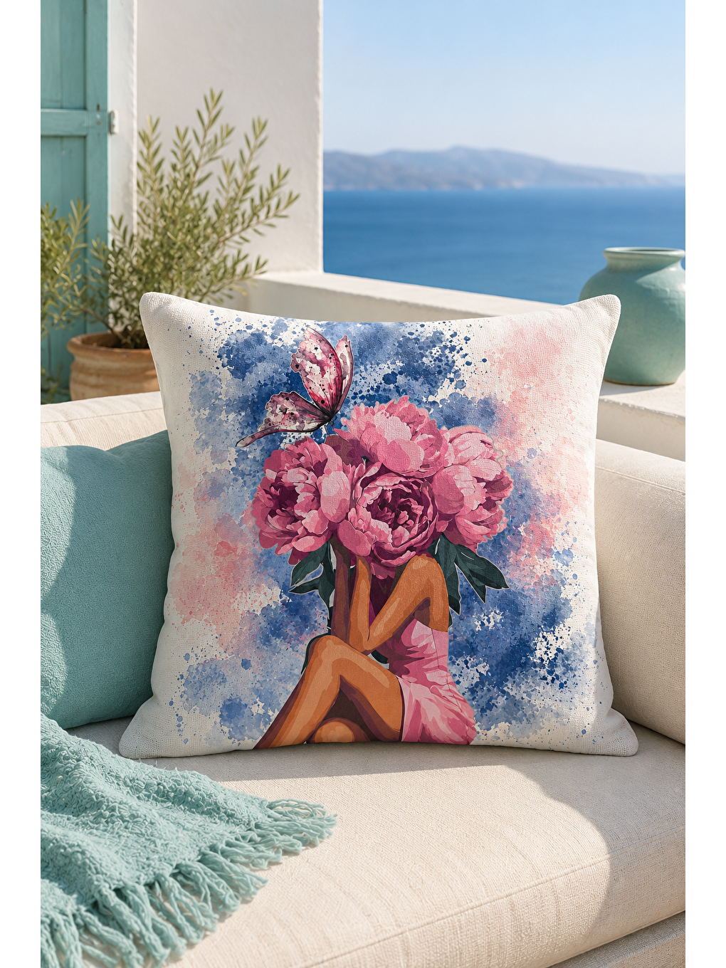 Beyaz Pembe Çiçekli Kelebekli Kadın Dekoratif Kırlent Kılıfı Suluboya Salon Dekor 43x43 Cm-7