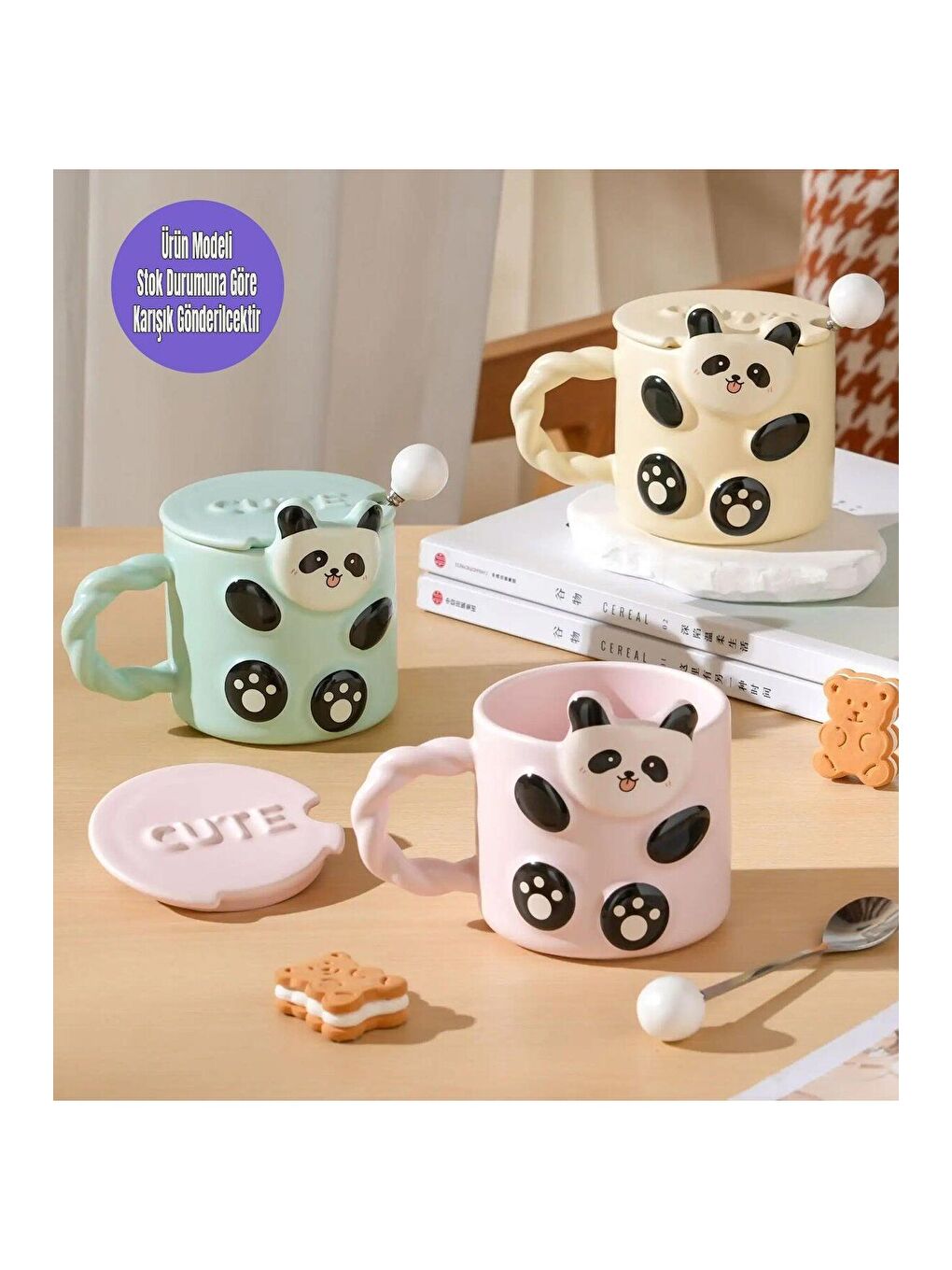 BAM HEDİYELİK EŞYA Karişik Panda Kabartmalı Sevimli Seramik Kupa