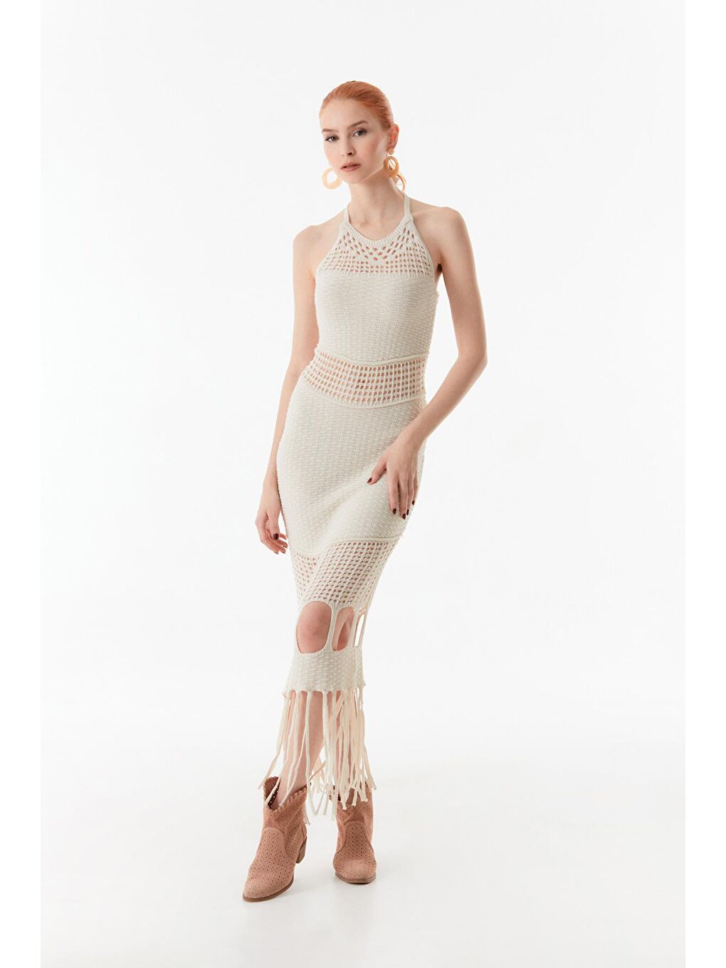 Bej Ajurlu Boyundan Bağlamalı Triko Elbise-3