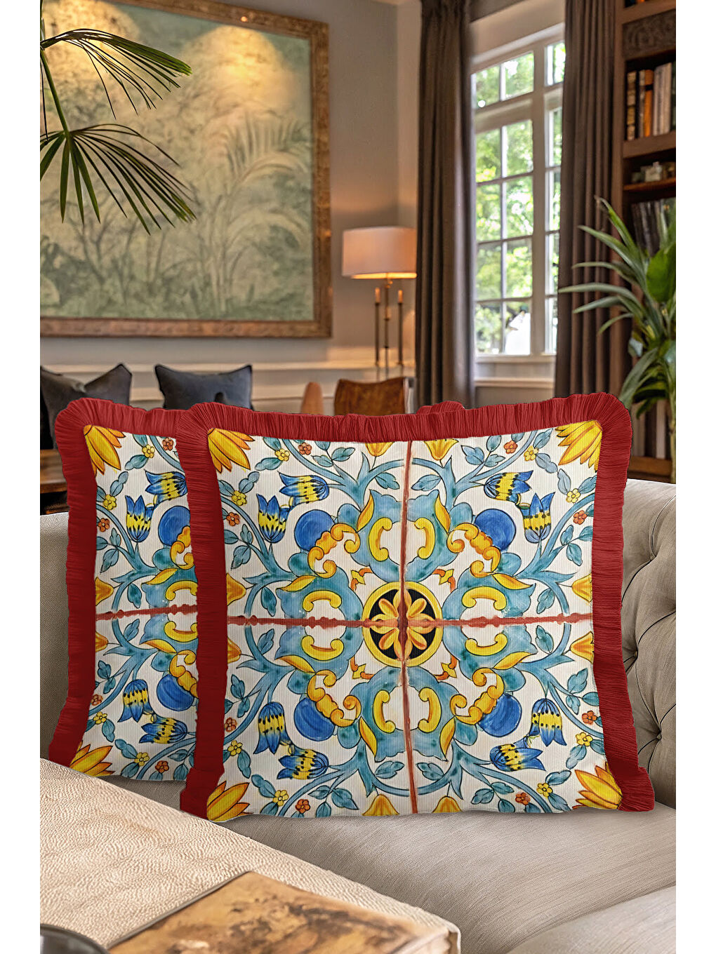 Karışık Saray Esintili Saçaklı Yastık Kılıfı - Akdeniz Country Lacivert Sarı Kırmızı Püsküllü Kırlent Kılıfı-7