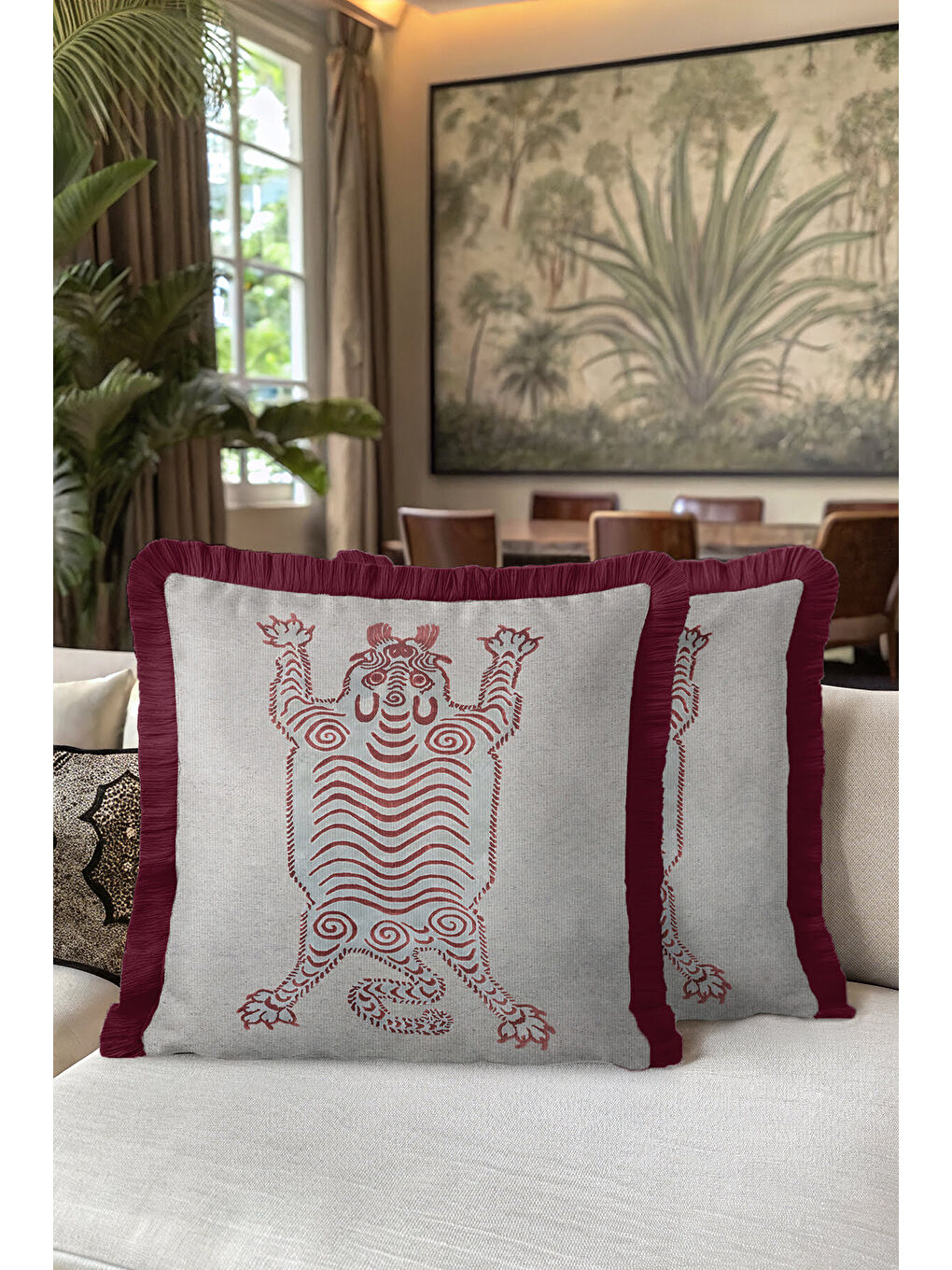 Karışık Etnik Tribal Sanat Saçaklı Yastık Kılıfı - Bohem Aslan Figürlü Bordo Gri Püsküllü Kırlent Kılıfı-5