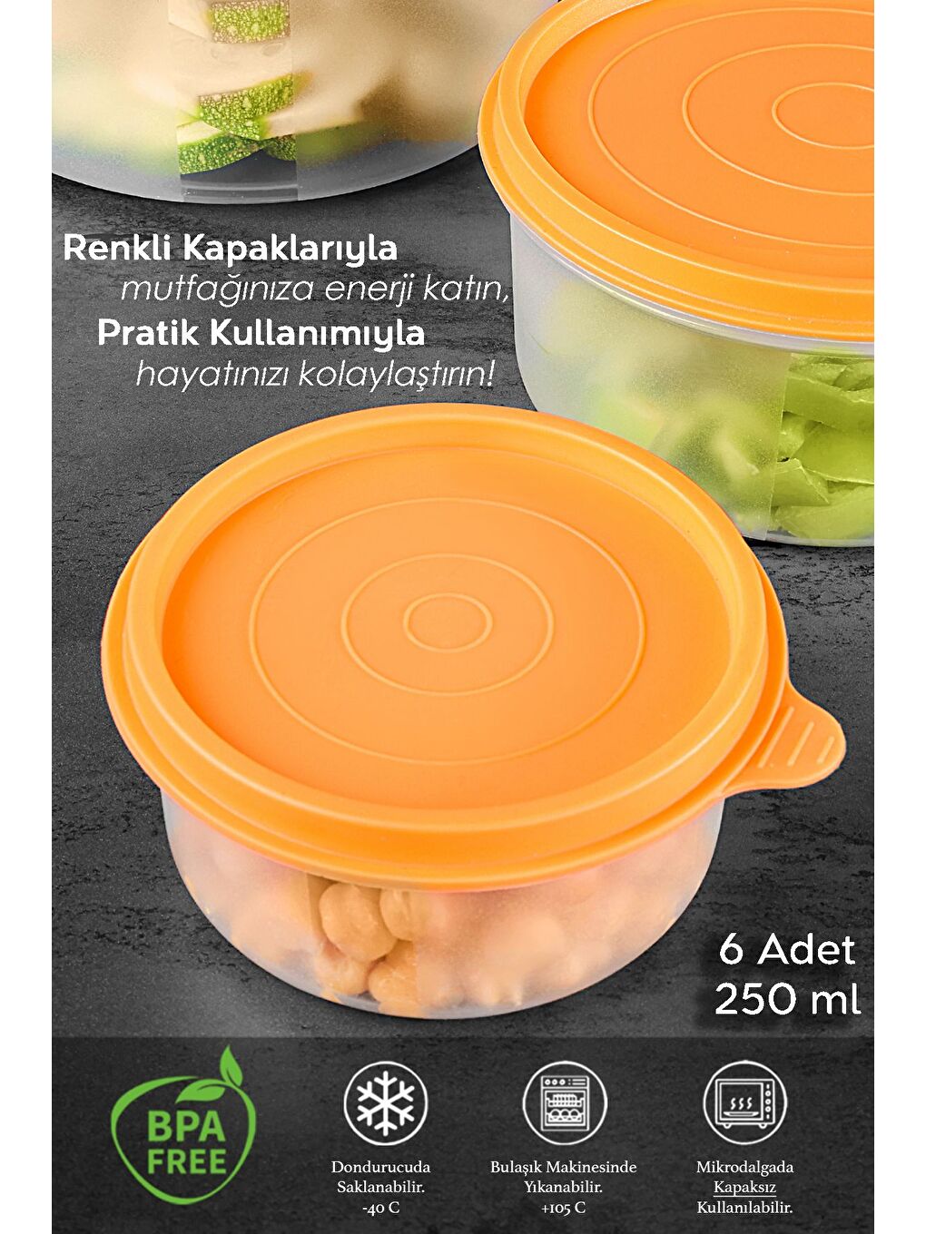 6'lı Yuvarlak Gıda Saklama Kabı Seti 6x250 ml Turuncu-1
