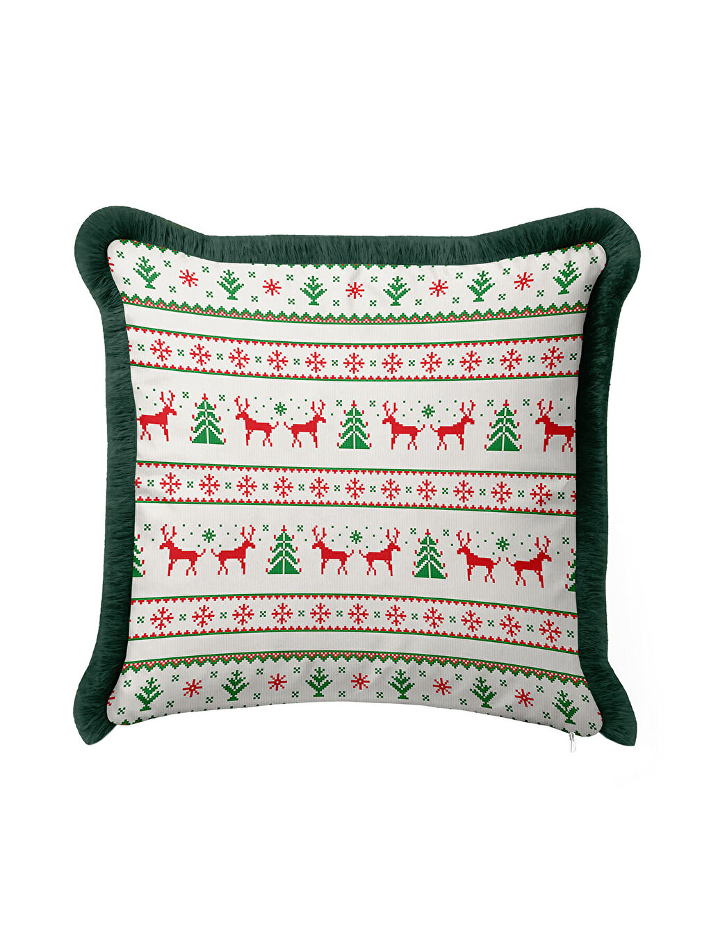 Karışık Yeni Yıl Saçaklı Yastık Kılıfı - Çam Ağacı Geyik Temalı Kırmızı Yeşil Bohem Püsküllü Kırlent Kılıfı-1