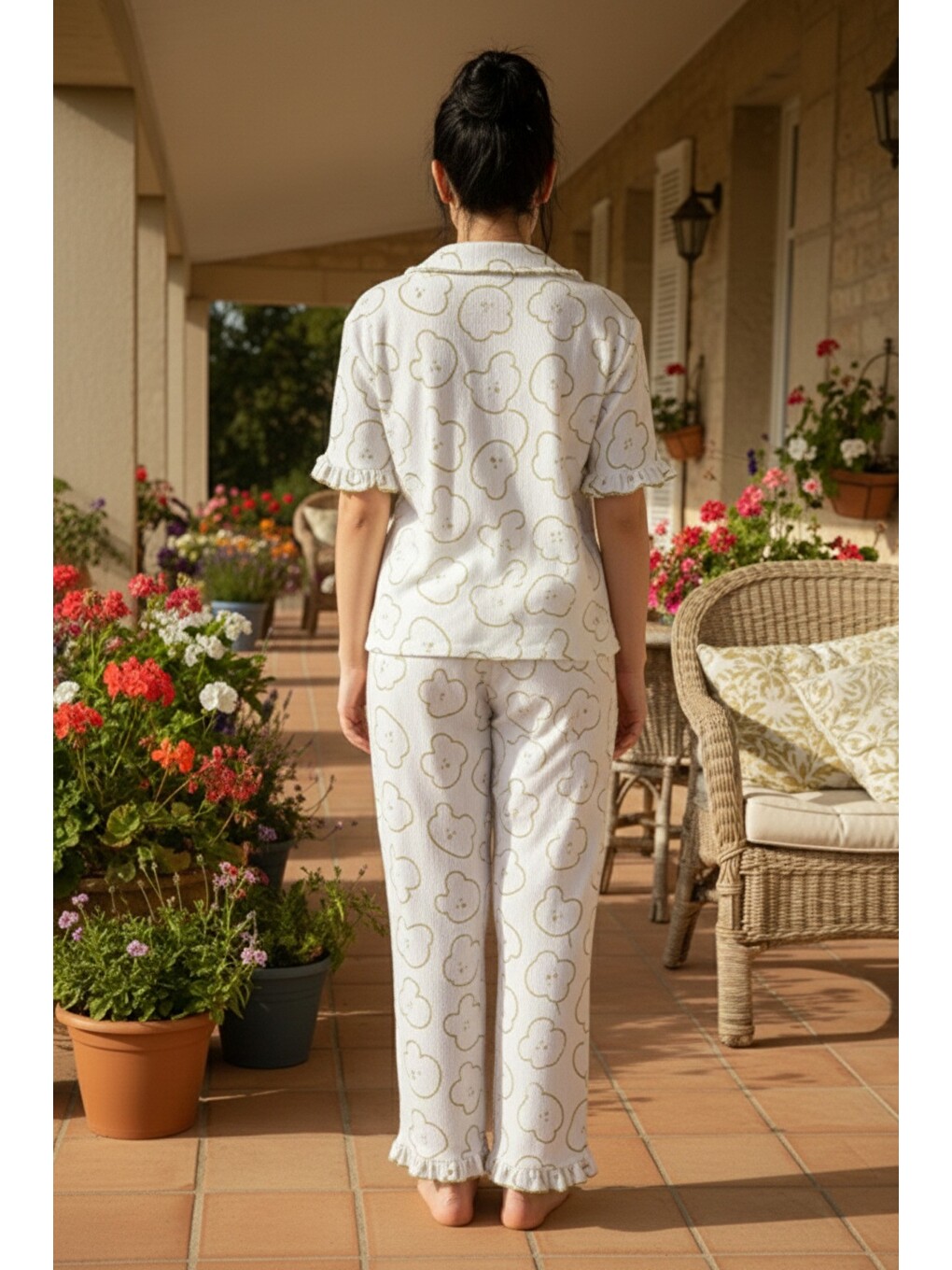 Beyaz Bürümcük-krınkıl Büyük Beden Düğmeli Pijama Takım26120826-2