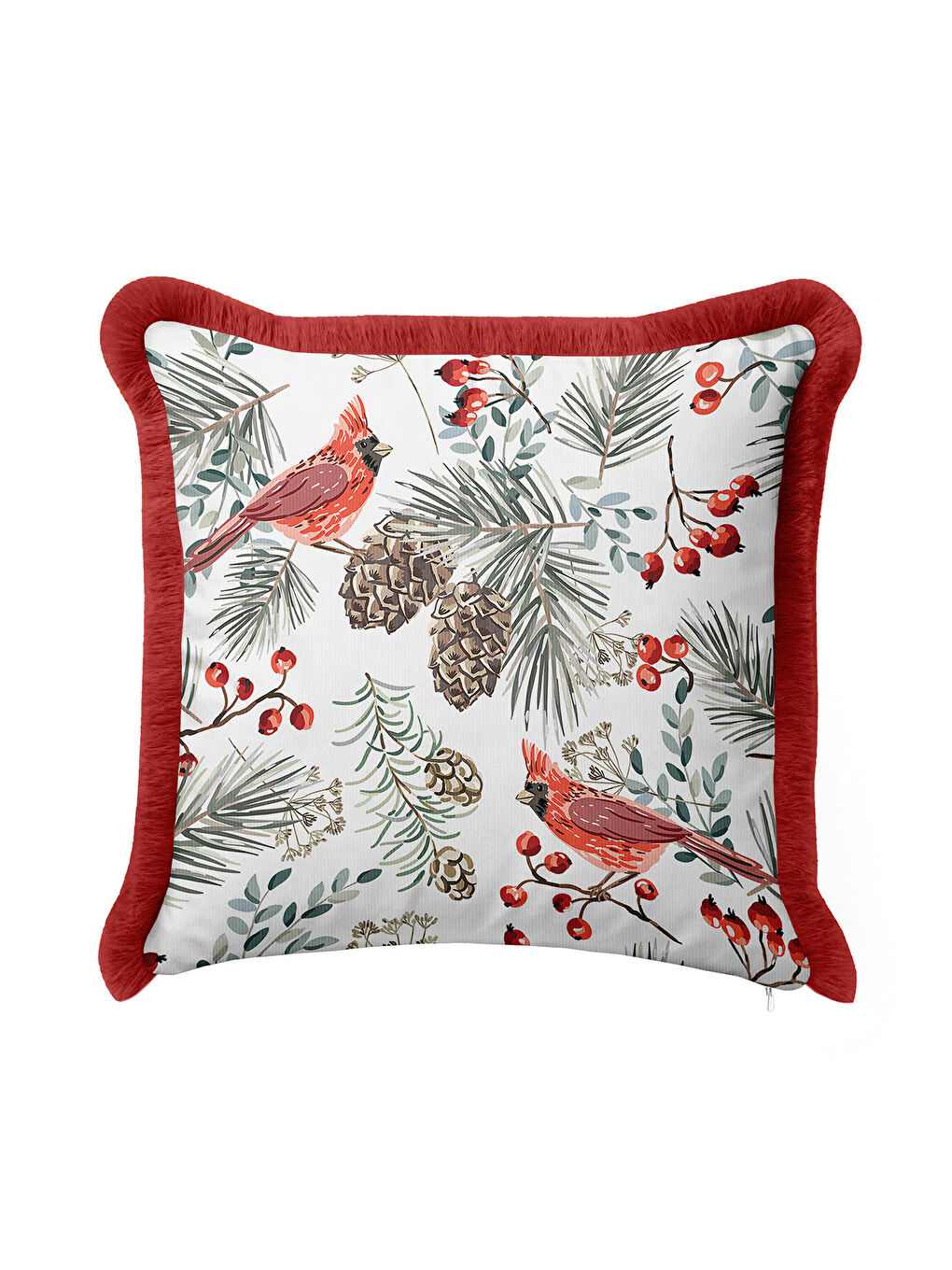 Karışık Kuş Motifli Saçaklı Yastık Kılıfı - Kış Bahçesi Rustik Kırmızı Püsküllü Kırlent Kılıfı-1