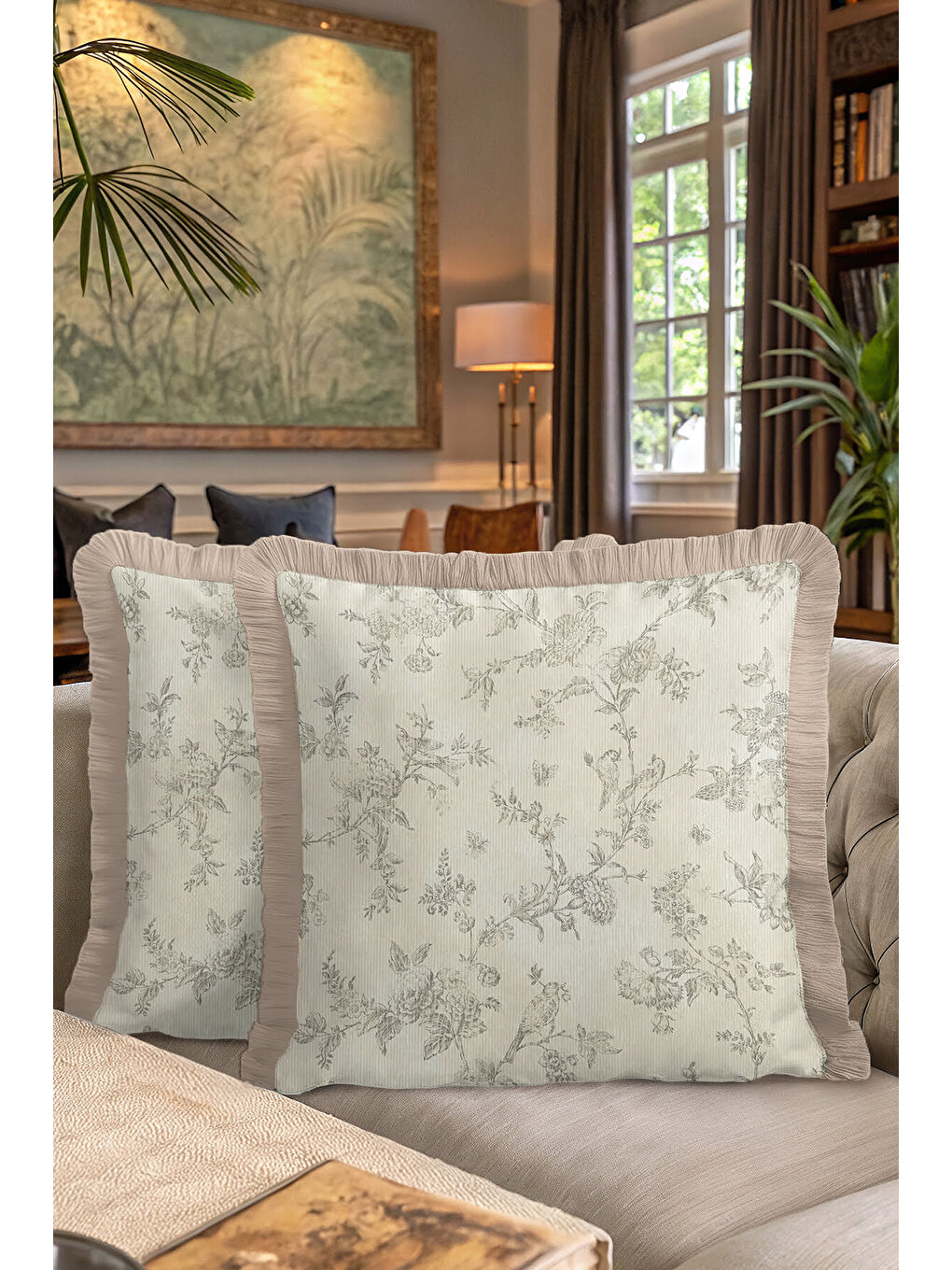 Karışık Elegan Fransız Çiçekli Saçaklı Yastık Kılıfı - Vintage Country Bej Doğal Püsküllü Kırlent Kılıfı-7