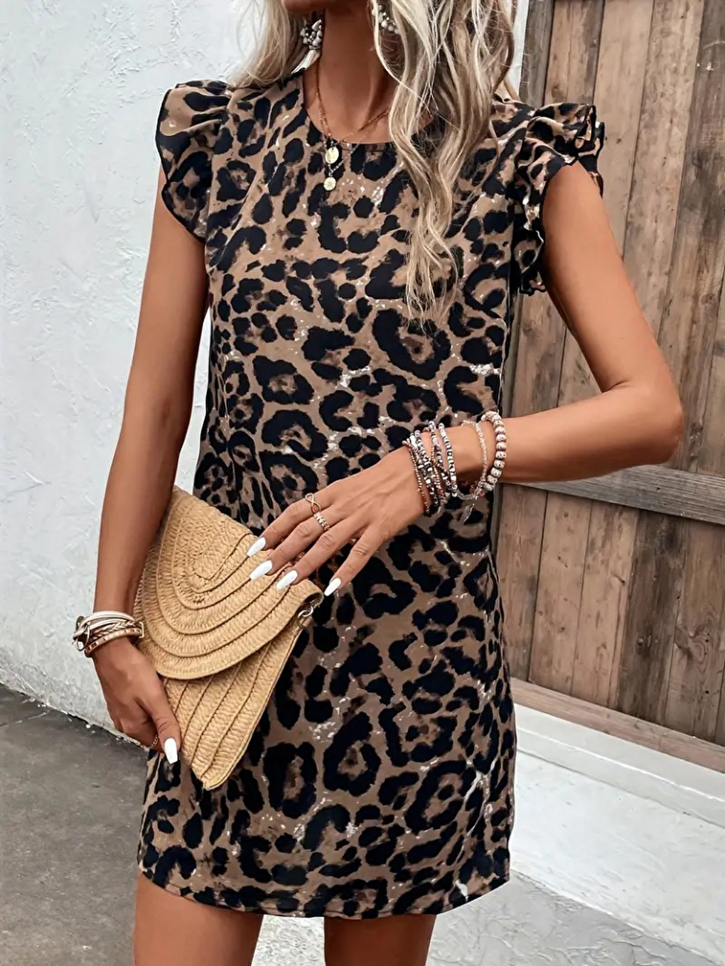 Kahverengi Kadın Kısa Kollu Kolları Fırfır Detay Arkası Bağlamalı Leopar Desen Kolsuz Mini Mikro Elbise-4