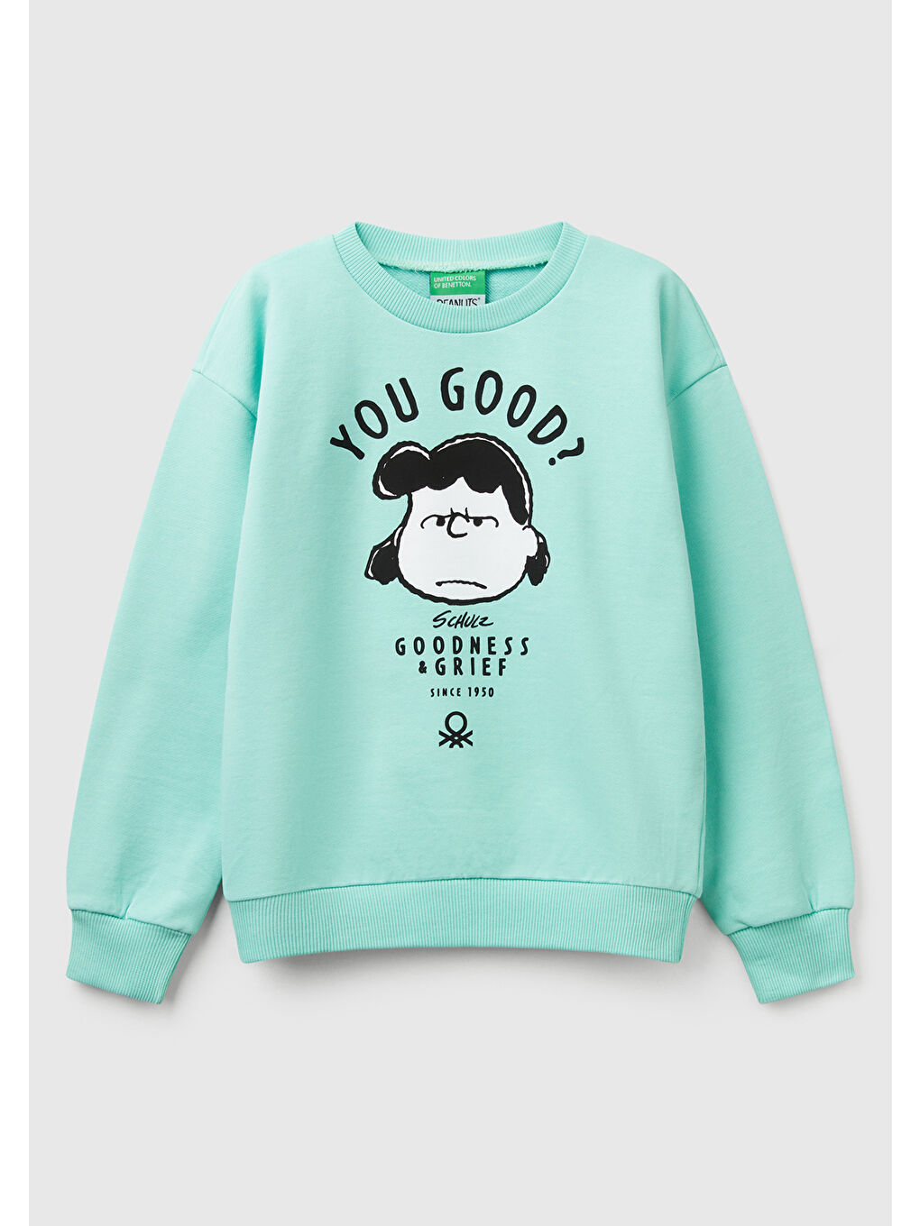 Turkuaz Kız Çocuk Su Yeşili Peanuts Baskılı Logo Etiketli Bisiklet Yaka Sweatshirt