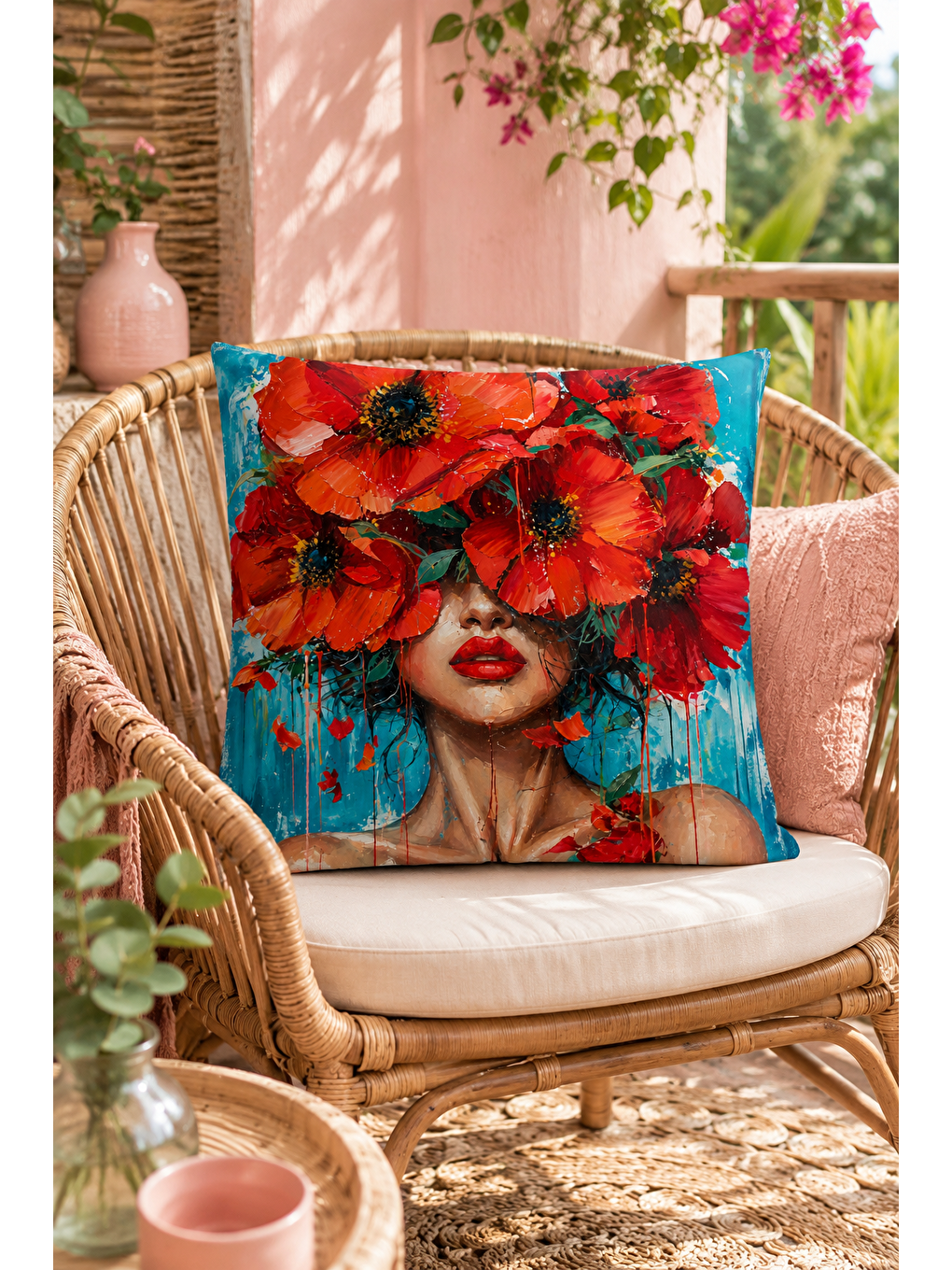 Kırmızı Çiçekli Kadın Portre Desenli Dekoratif Kırlent Kılıfı Bohem Dekor 43x43 Cm-3
