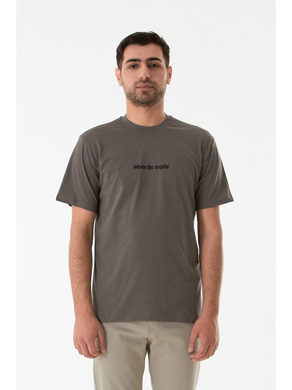 Antrasit Kabartma Baskılı Bisiklet Yaka Tişört