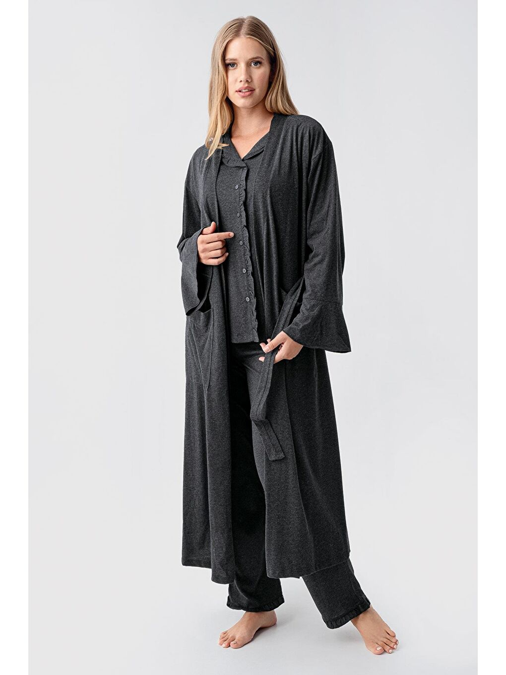 Antrasit Kadın Uzun Kollu Düğmeli Esnek Pamuklu Sabahlık Pijama Takımı 23112