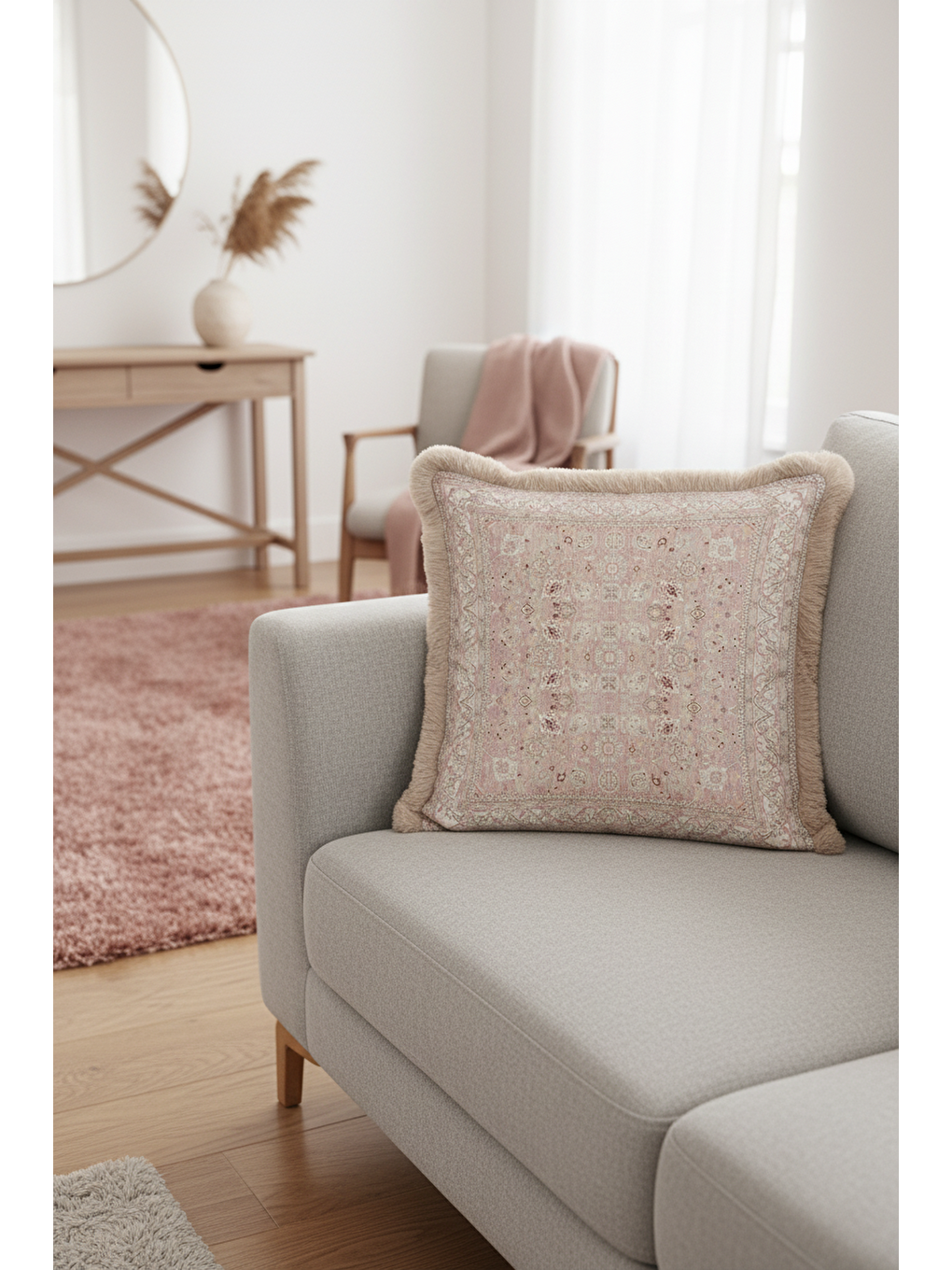 Karışık Zarif Vintage Halı Motifli Saçaklı Yastık Kılıfı - Klasik Rustik Pudra Bej Püsküllü Kırlent Kılıfı-4