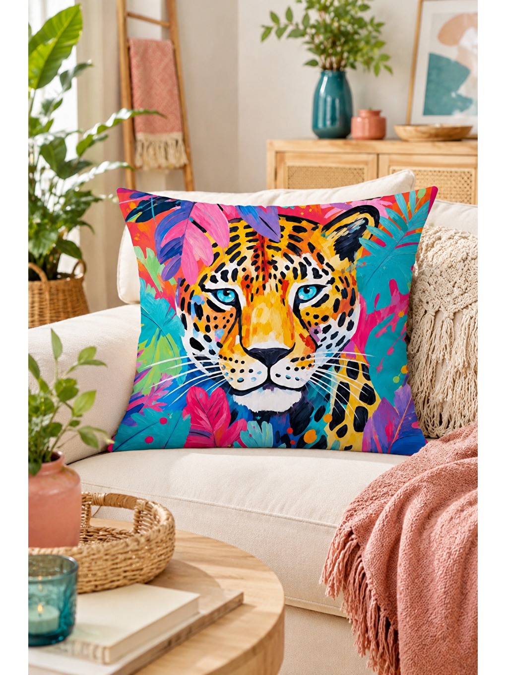 Karışık Tropikal Leopar Desenli Renkli Dekoratif Kırlent Kılıfı Modern Salon Dekor 43x43 Cm-6