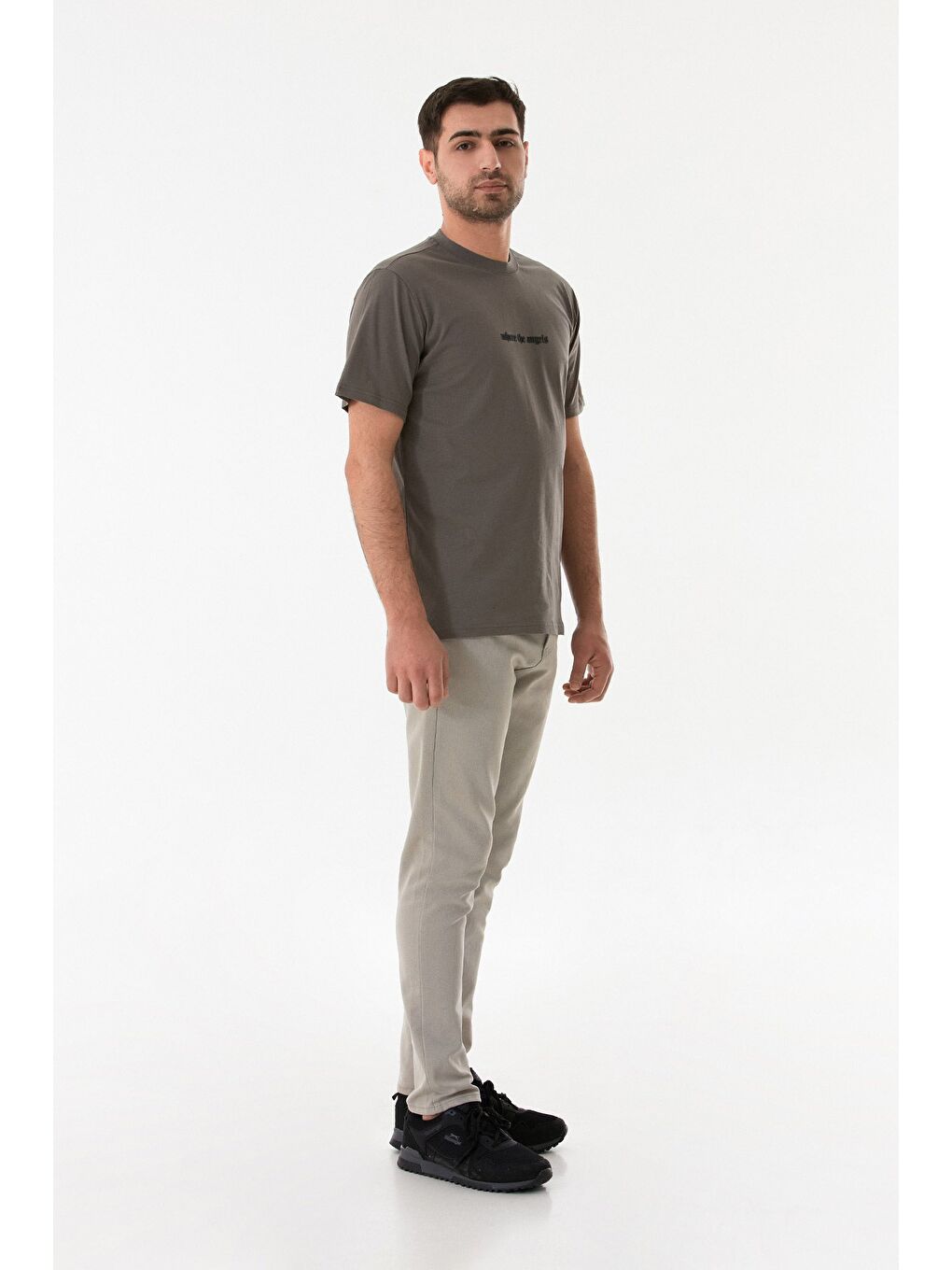 Antrasit Kabartma Baskılı Bisiklet Yaka Tişört-2