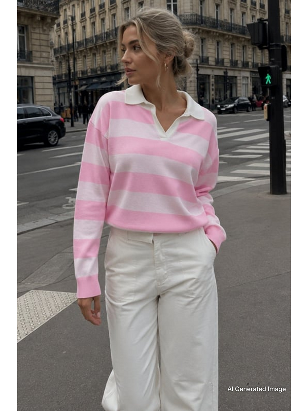 Pembe Çizgili Polo Yaka Kadın Kazak Mg2882