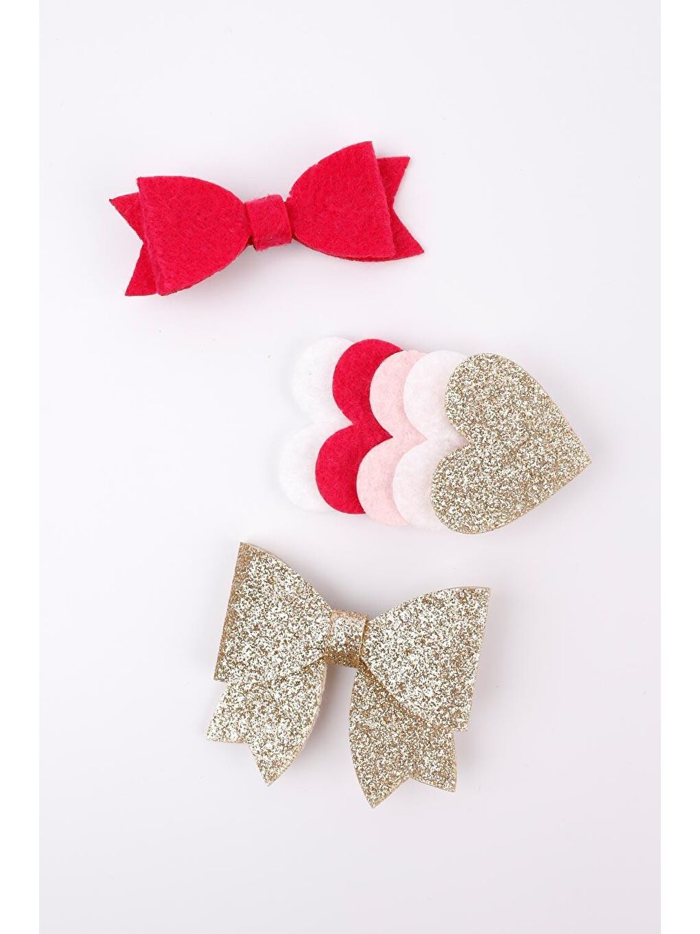 Sarı Altın  Simli Sıralı Kalp 3'lü Klips Toka Set-1