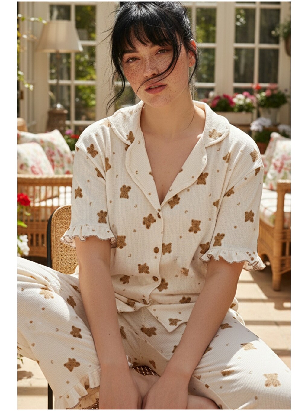 Ekru Bürümcük-krınkıl Büyük Beden Düğmeli Pijama Takım26120826