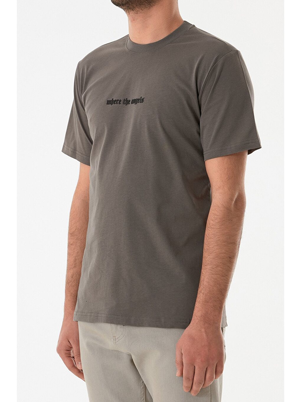 Antrasit Kabartma Baskılı Bisiklet Yaka Tişört-3