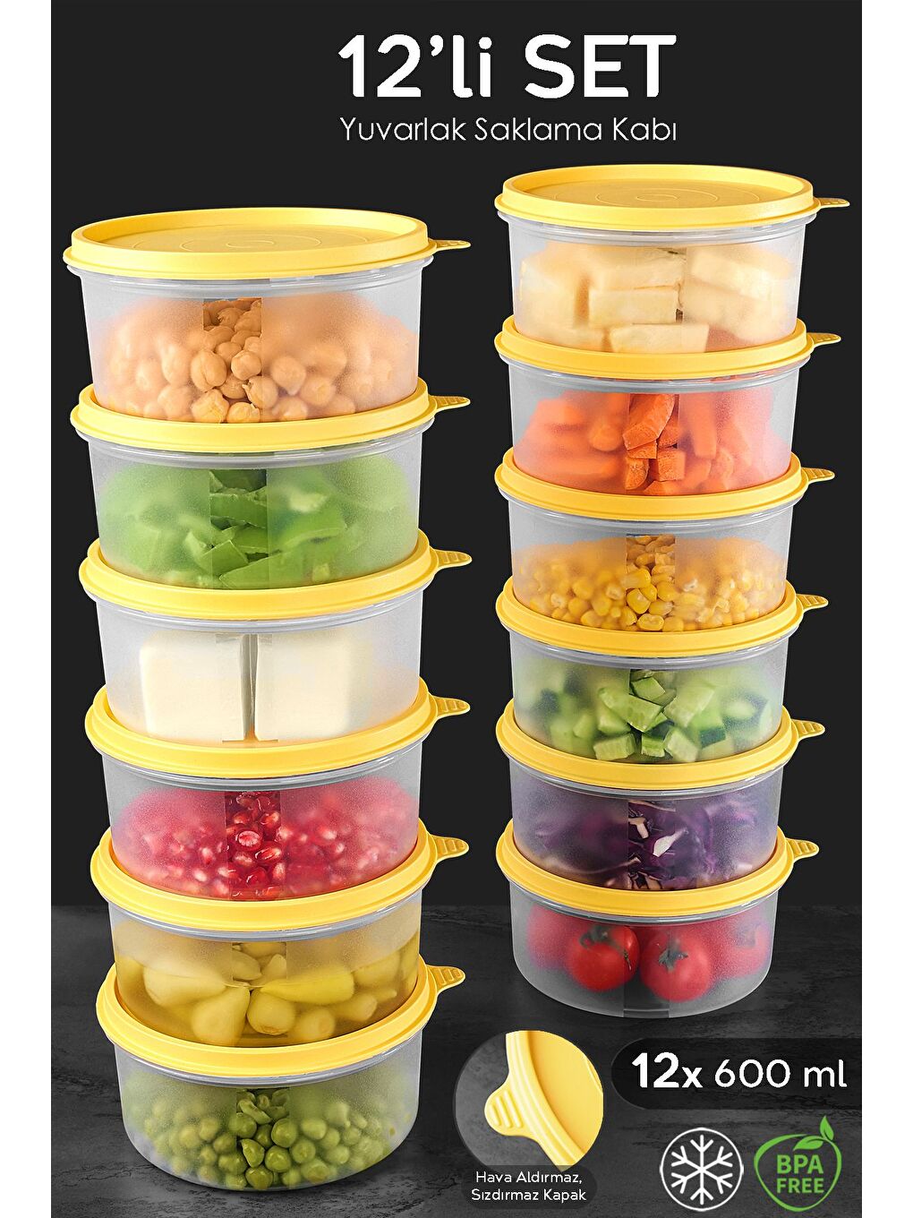 12'li Yuvarlak Gıda Saklama Kabı Seti 12x600 ml Sarı