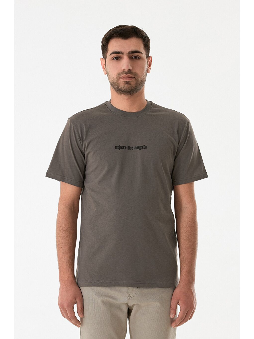 Antrasit Kabartma Baskılı Bisiklet Yaka Tişört-4