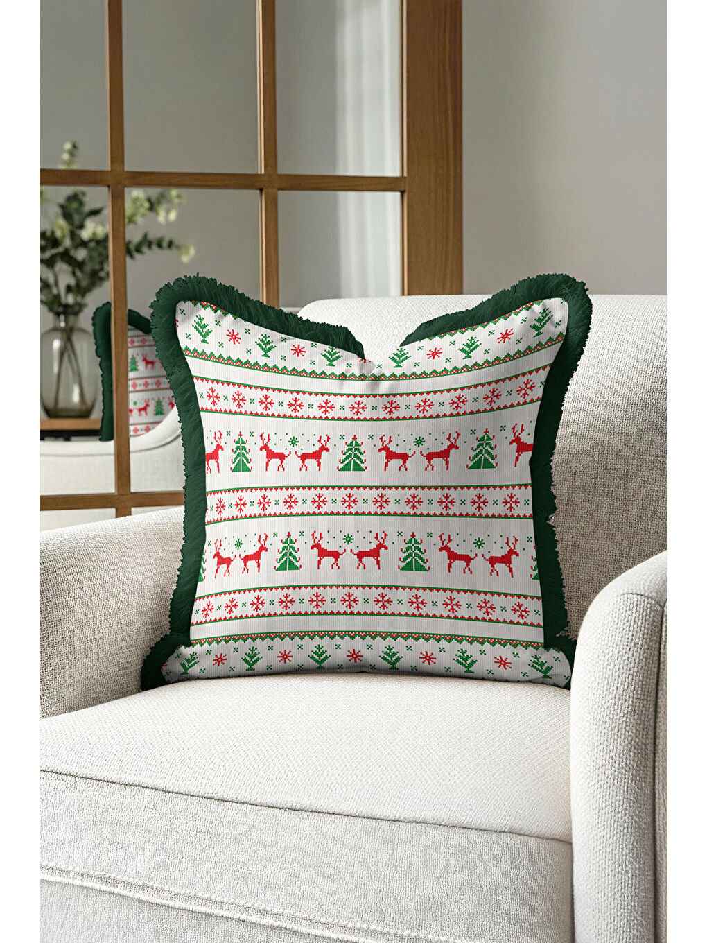 Karışık Yeni Yıl Saçaklı Yastık Kılıfı - Çam Ağacı Geyik Temalı Kırmızı Yeşil Bohem Püsküllü Kırlent Kılıfı-2