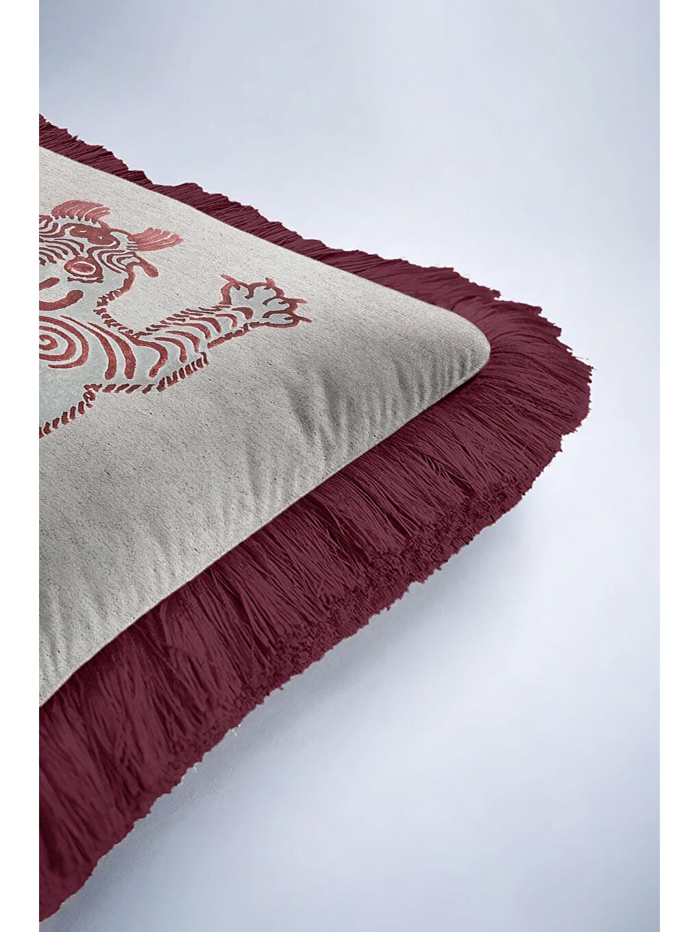 Karışık Etnik Tribal Sanat Saçaklı Yastık Kılıfı - Bohem Aslan Figürlü Bordo Gri Püsküllü Kırlent Kılıfı-6