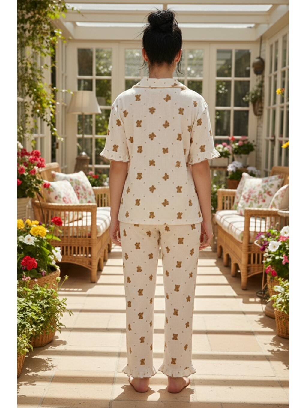 Ekru Bürümcük-krınkıl Büyük Beden Düğmeli Pijama Takım26120826-2