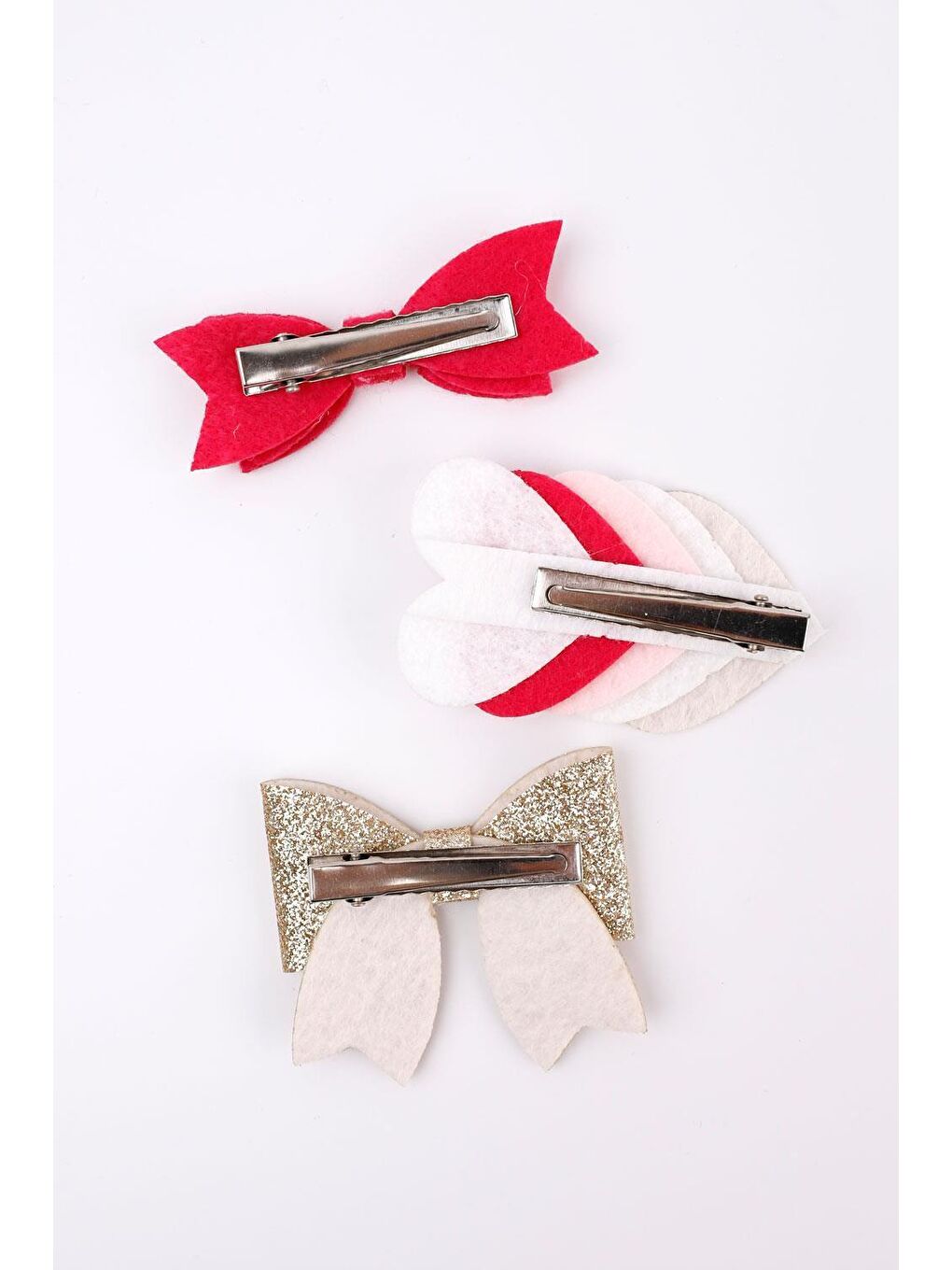 Sarı Altın  Simli Sıralı Kalp 3'lü Klips Toka Set-2