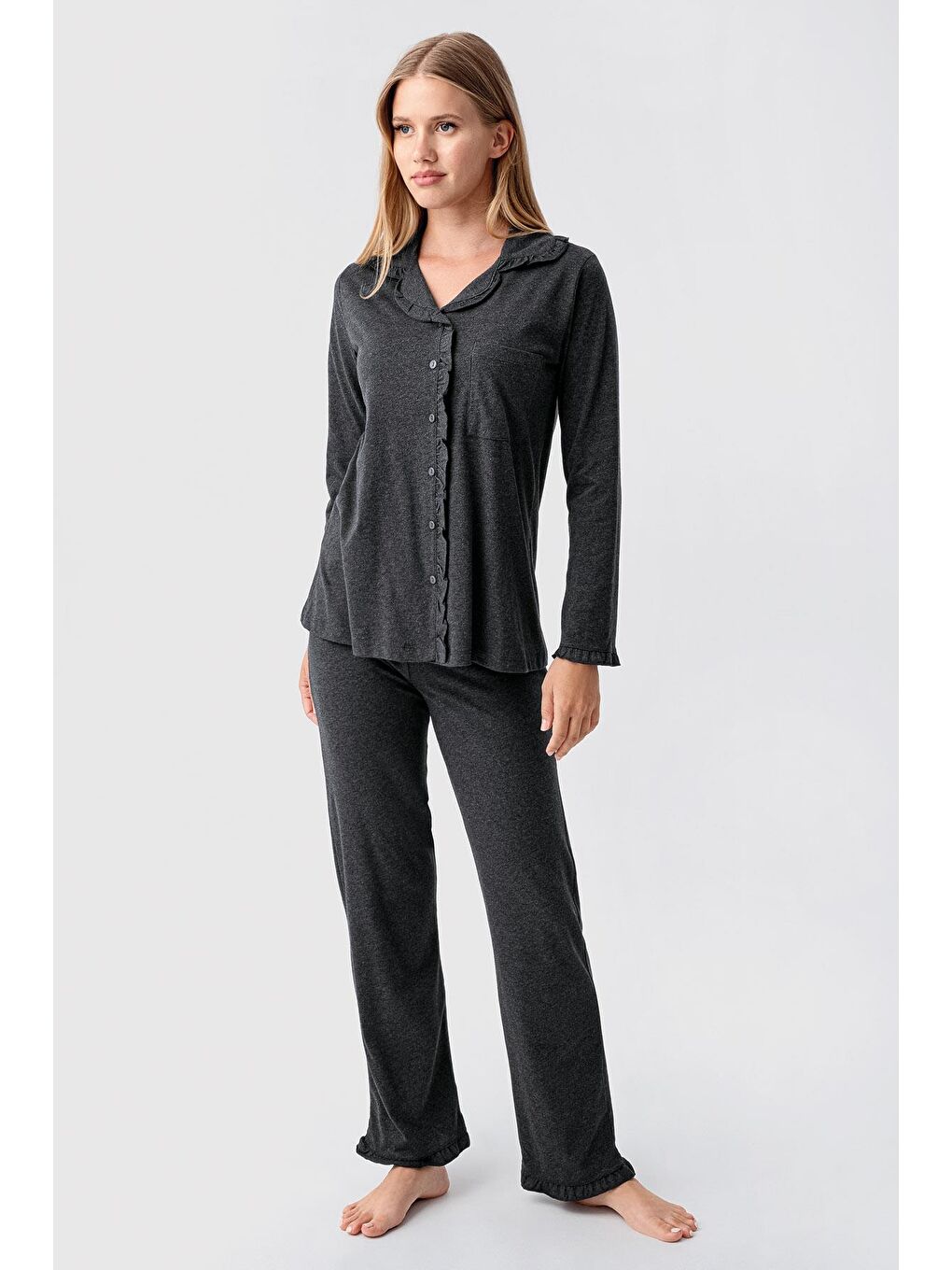 Antrasit Kadın Uzun Kollu Düğmeli Esnek Pamuklu Sabahlık Pijama Takımı 23112-1