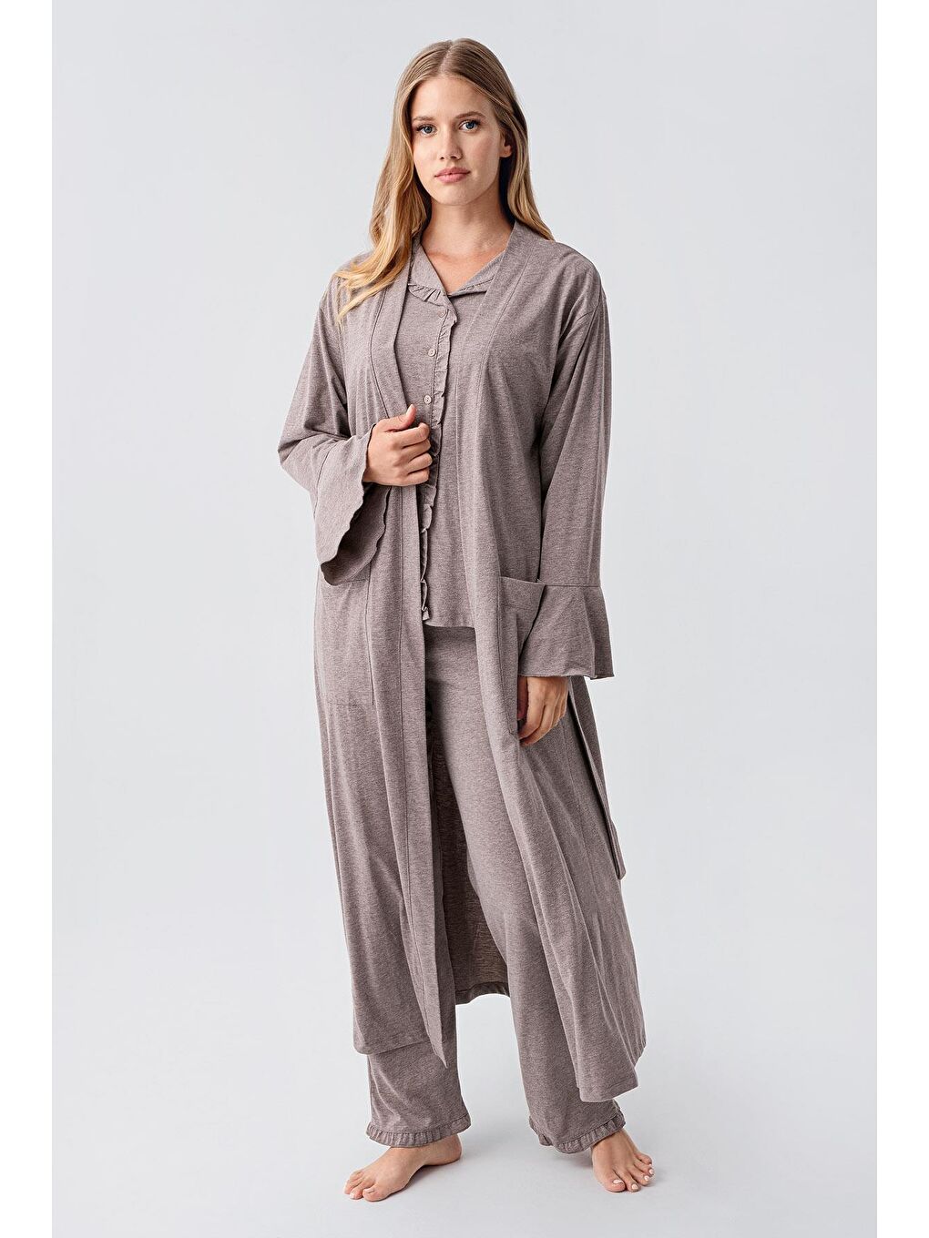 Kahverengi Kadın Uzun Kollu Düğmeli Esnek Pamuklu Sabahlık Pijama Takımı 23112