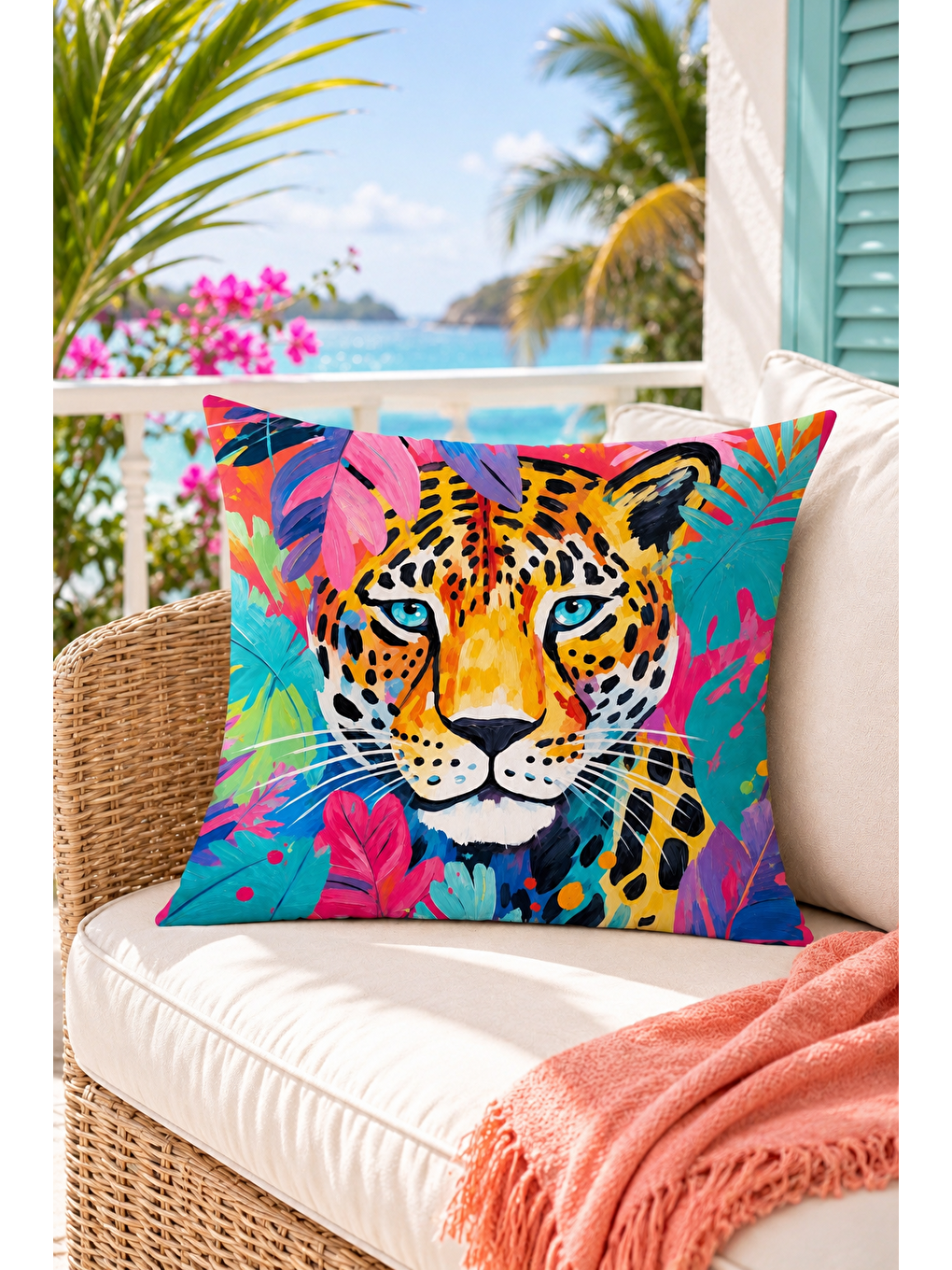 Karışık Tropikal Leopar Desenli Renkli Dekoratif Kırlent Kılıfı Modern Salon Dekor 43x43 Cm-7