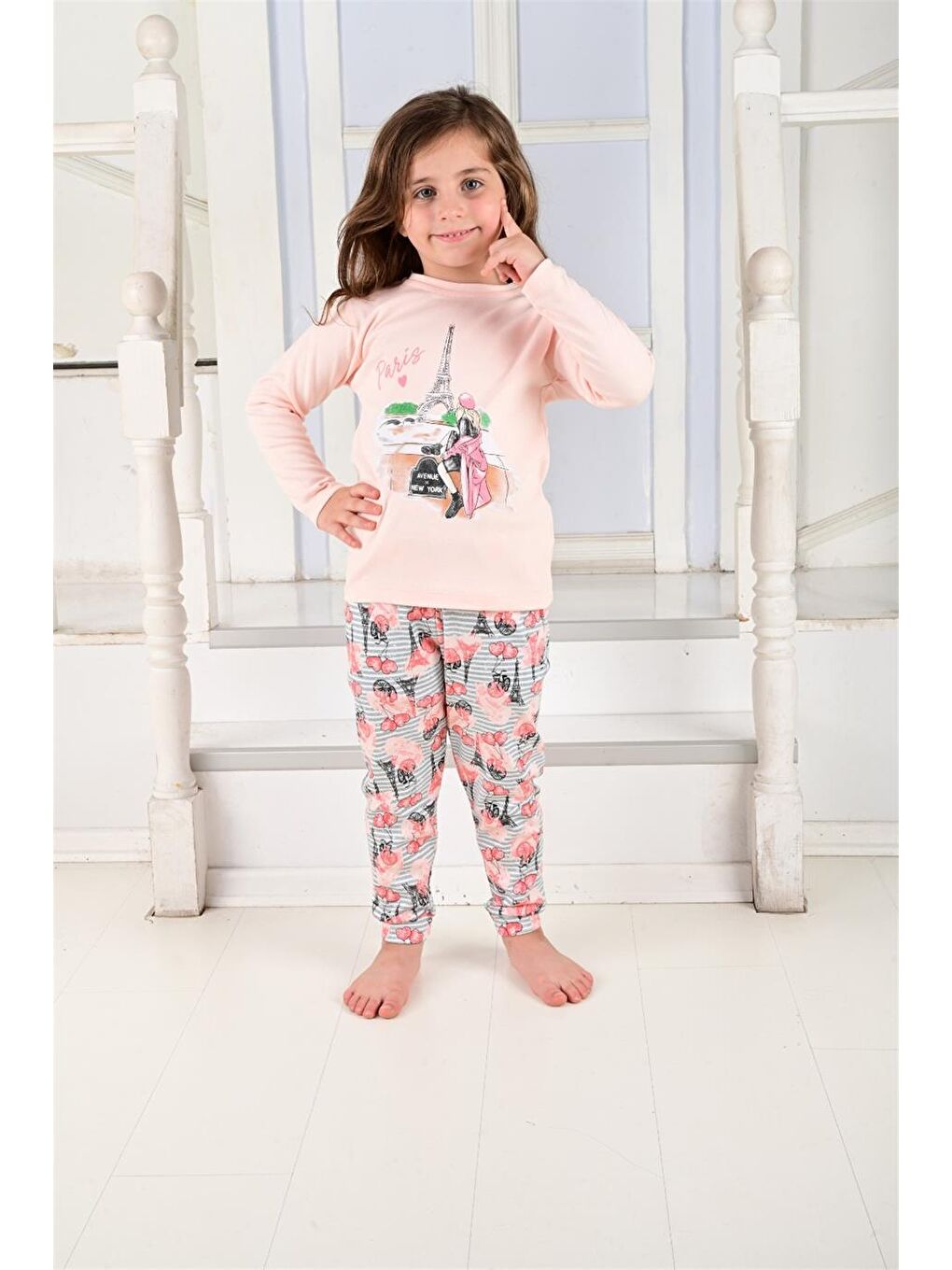 Pembe Kız Çocuk Uzun Kollu Pijama Takımı Paris Girl Somon-2