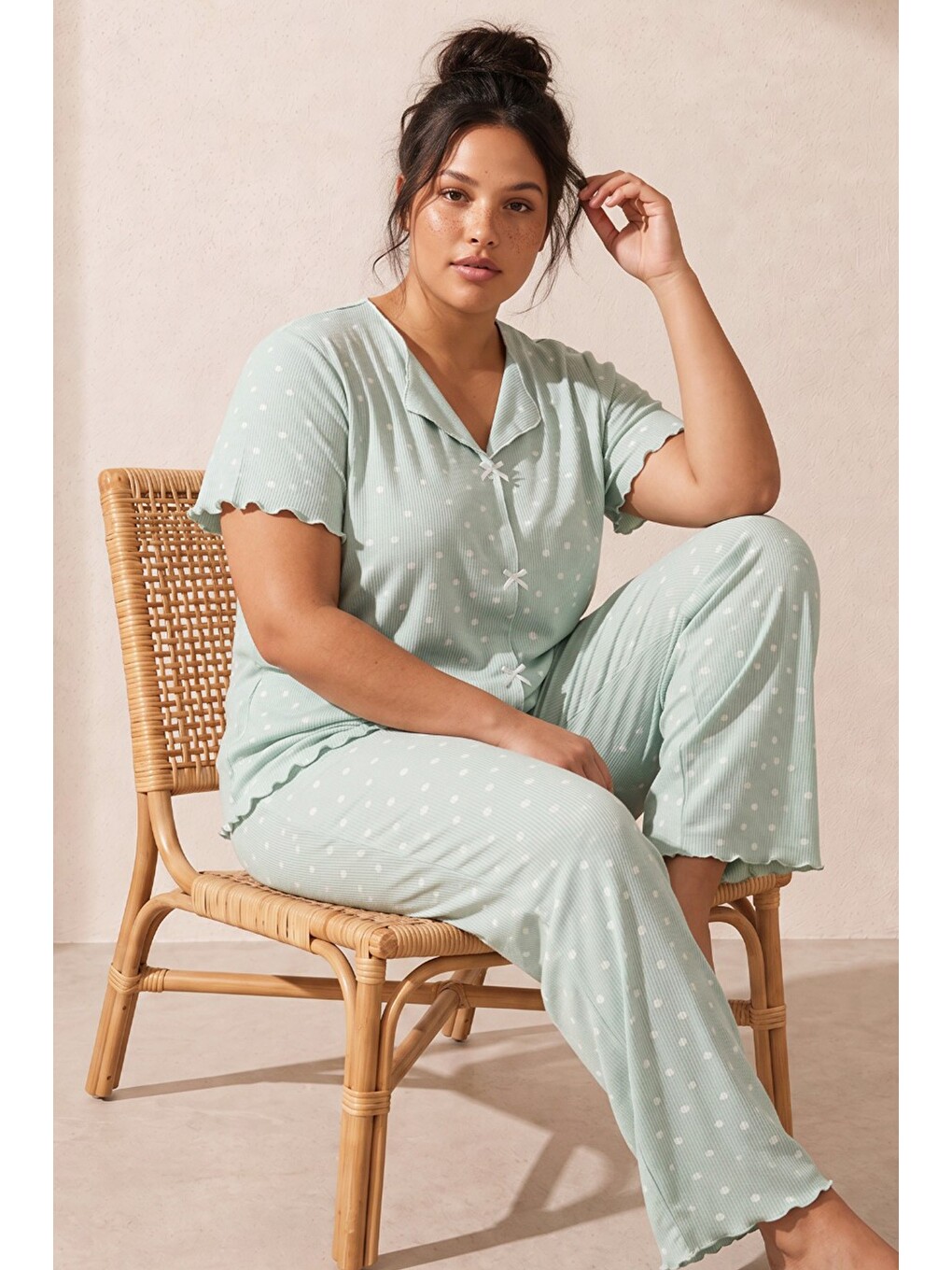 Yeşil Beden Fitilli Kaşkorse Örme Pijama Takım26120851-1