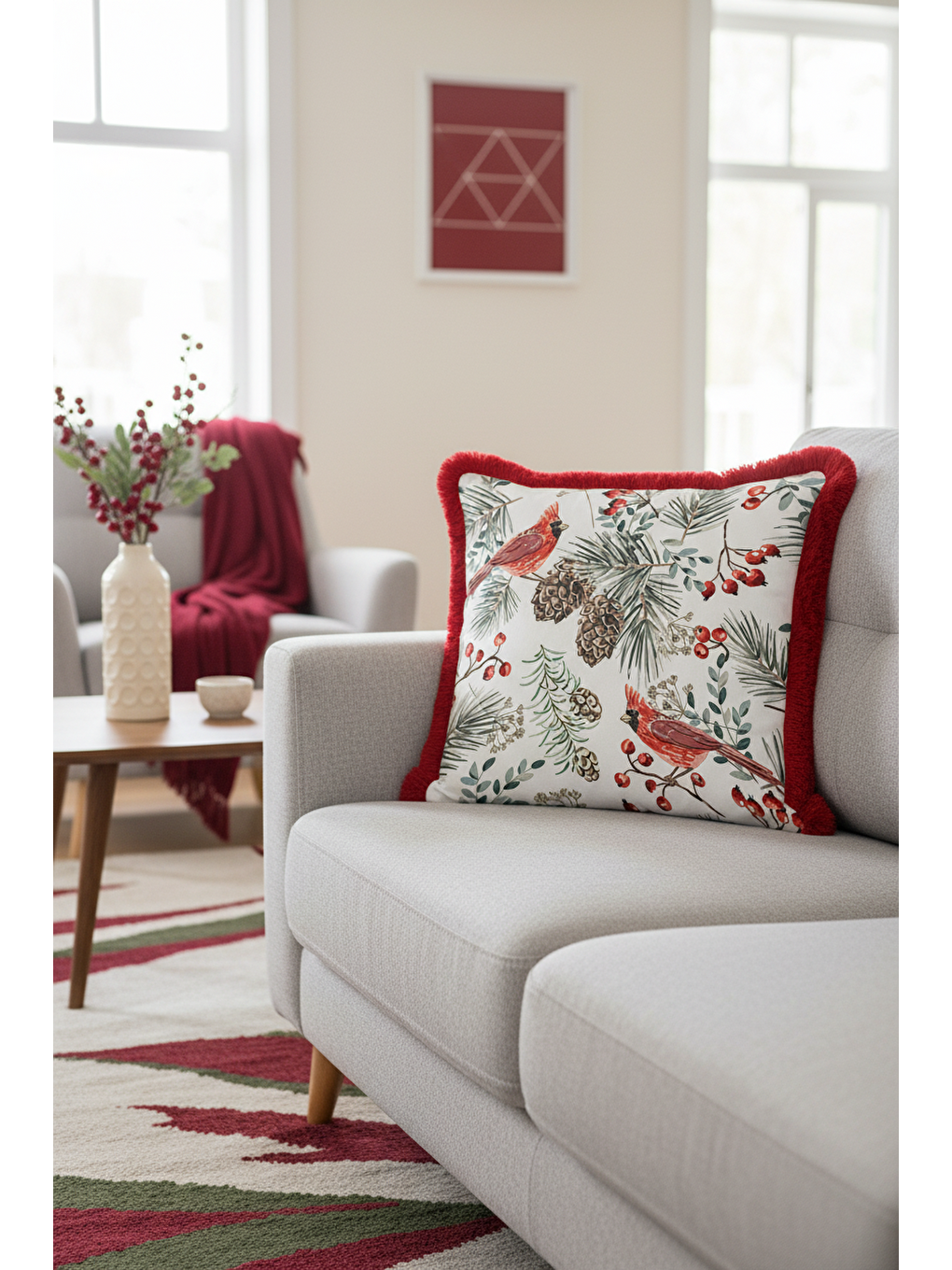 Karışık Kuş Motifli Saçaklı Yastık Kılıfı - Kış Bahçesi Rustik Kırmızı Püsküllü Kırlent Kılıfı-2